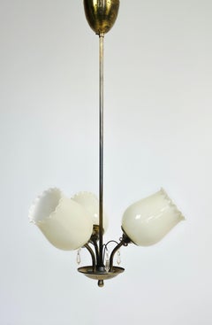 Stockmann-Orno Three-Arm Brass Chandelier with Opaline Glass Shades, Finland