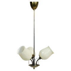 Stockmann-Orno Three-Arm Brass Chandelier with Opaline Glass Shades, Finland