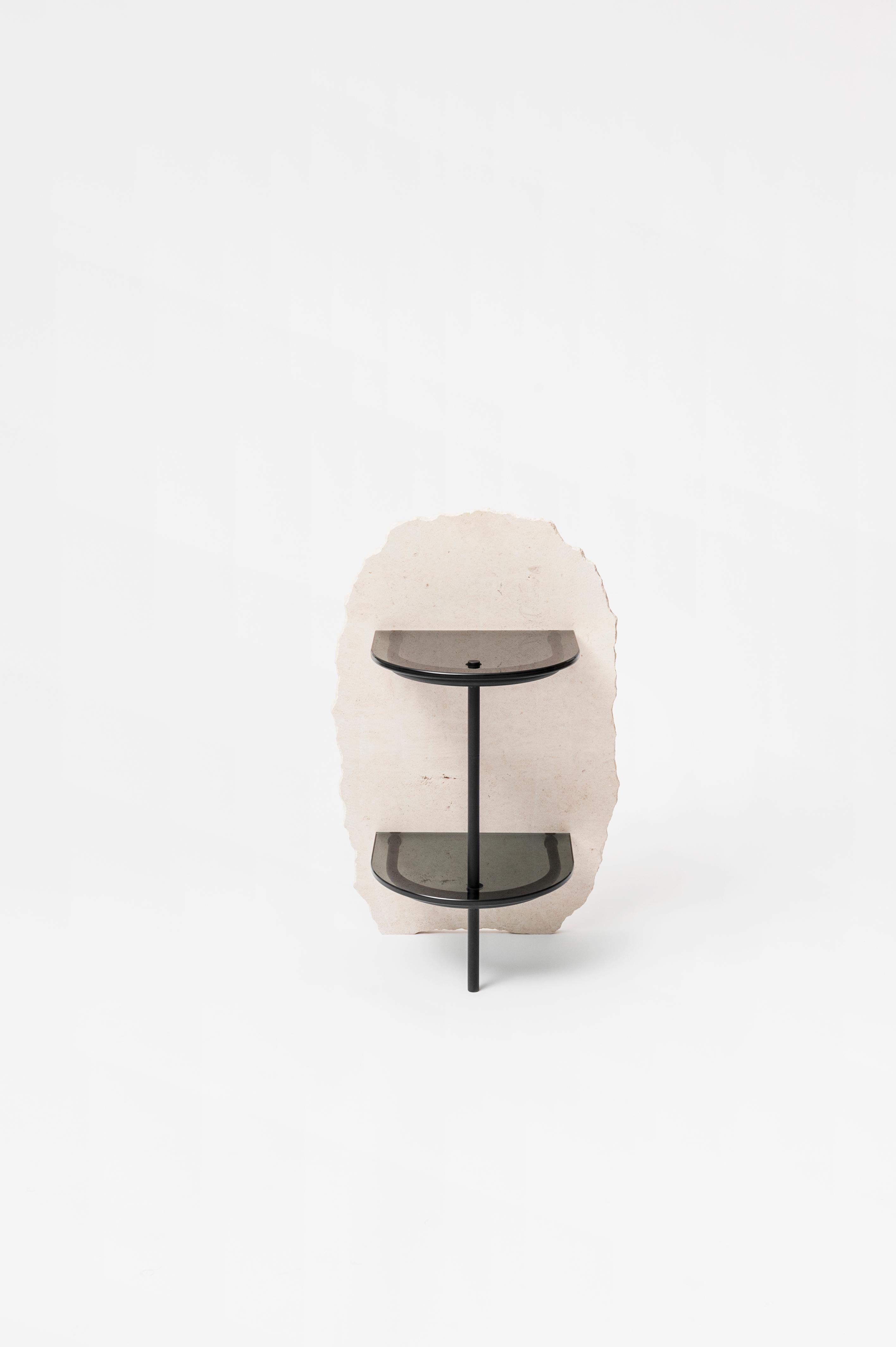 Stoique stole side table signed by Frédéric Saulou
Materials: Ornemental stone, grey glass, metal.
Dimensions : H 65 x 43 x 30 cm.
Weight : about 60 kg 
Limited edition : 1 / 8 

