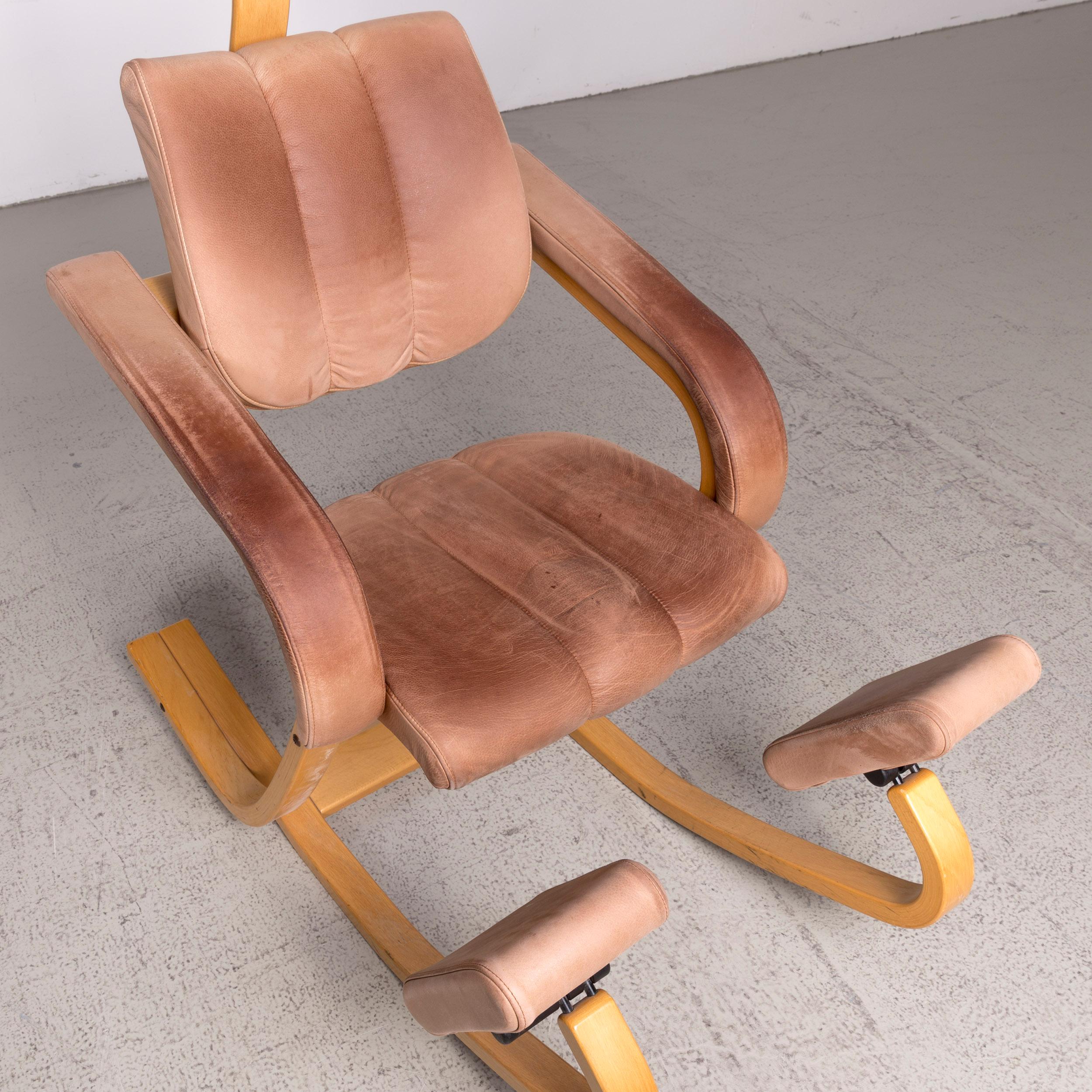 European Stokke Gravity Balans Designer Leather Wood Rocking Chair Brown by Peter Opsvik