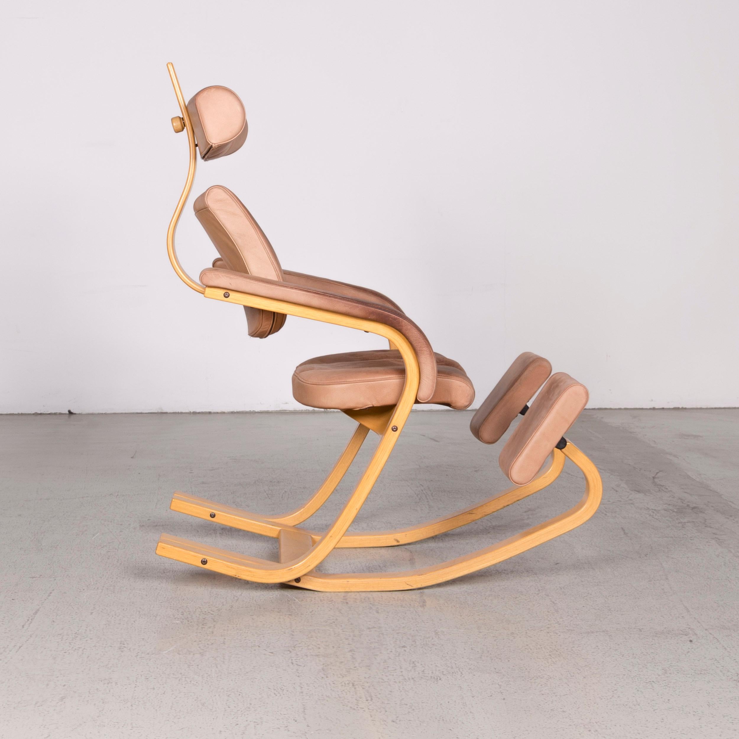 Contemporary Stokke Gravity Balans Designer Leather Wood Rocking Chair Brown by Peter Opsvik