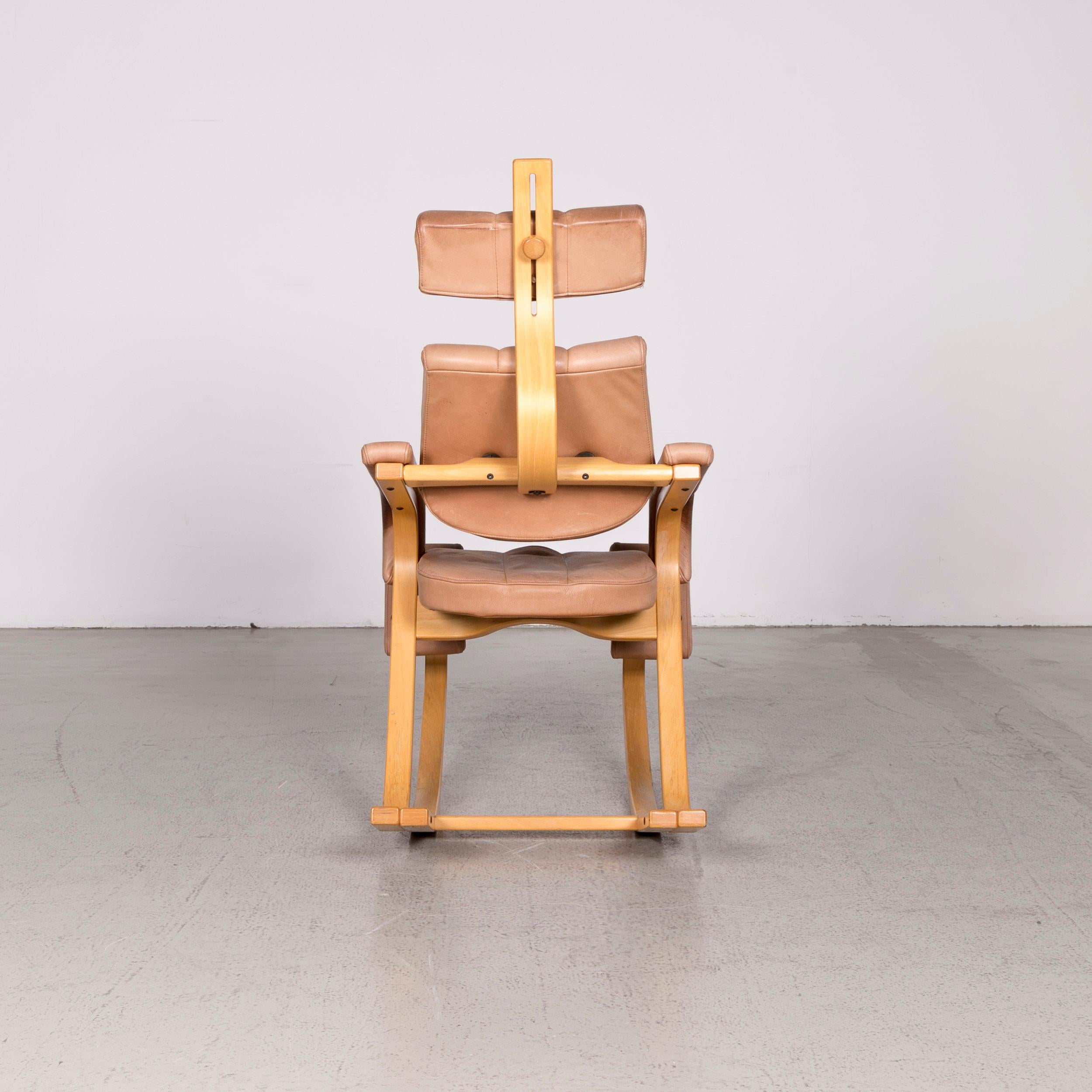 Stokke Gravity Balans Designer Leather Wood Rocking Chair Brown by Peter Opsvik 1
