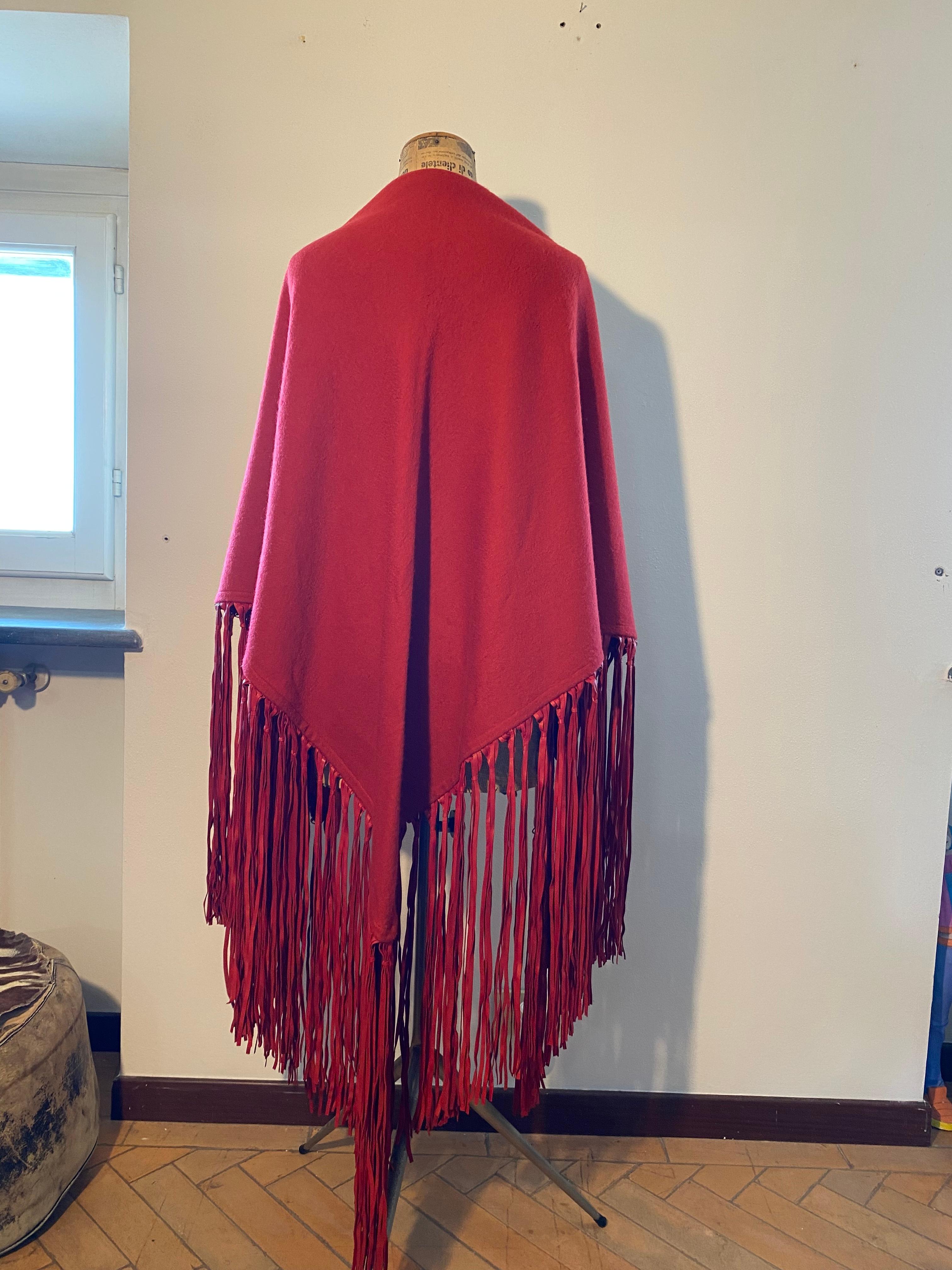 Women's 90s leather fringed large cashmere and wool stole 
