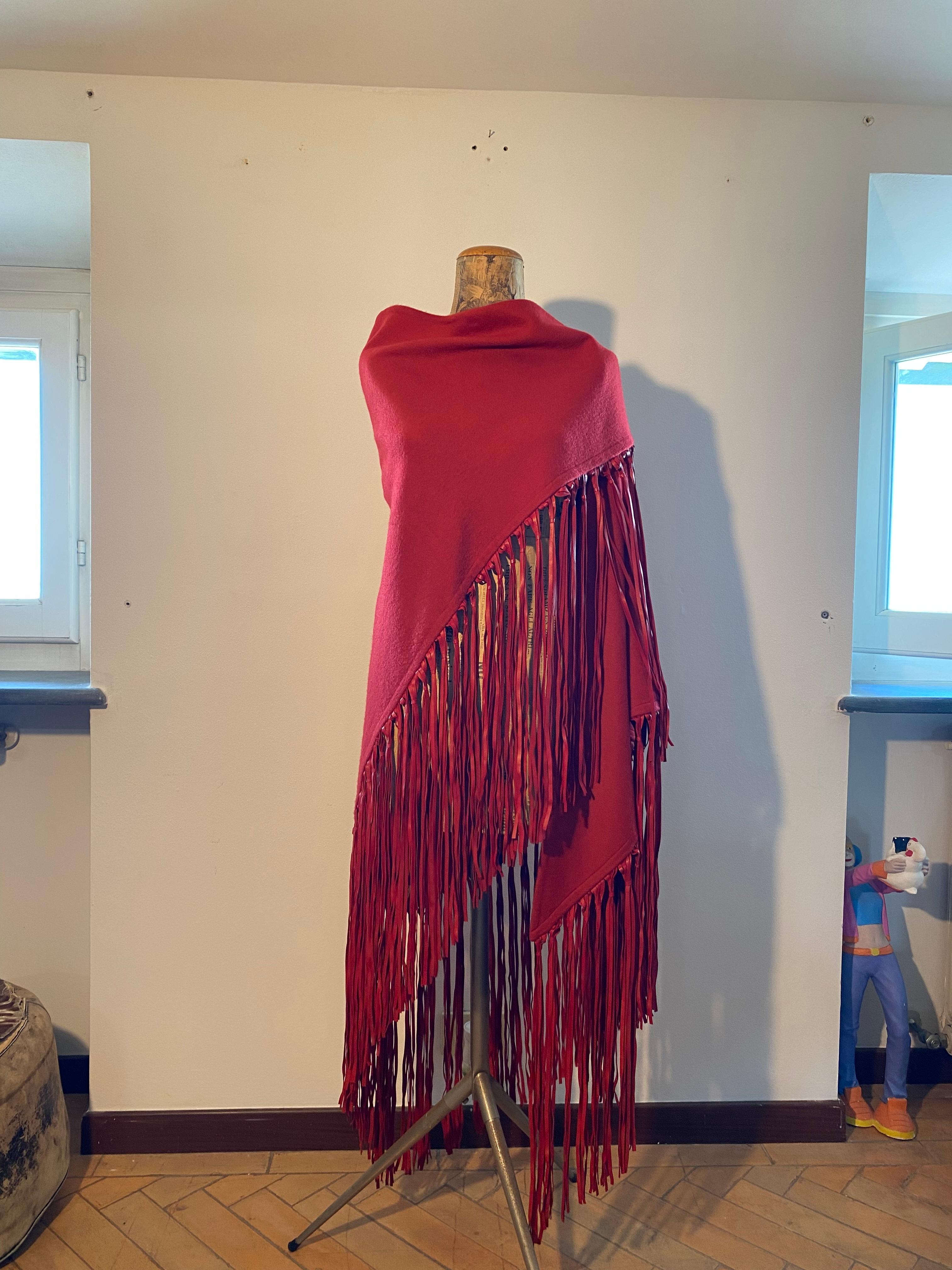 90s leather fringed large cashmere and wool stole  2
