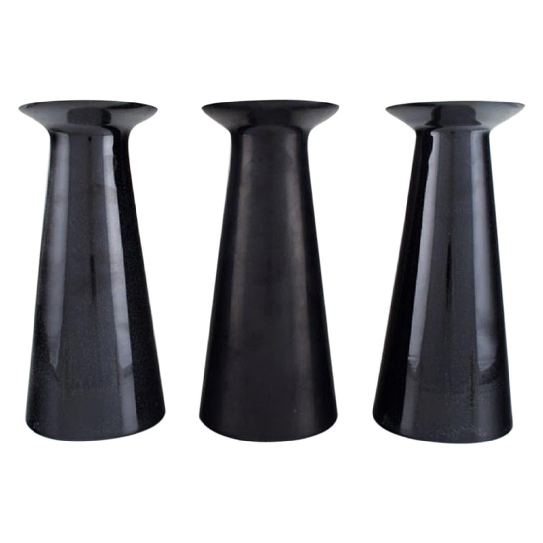 Stölzle-Oberglas, Austria, Three Beatrice and Nora Vases in Black Art Glass