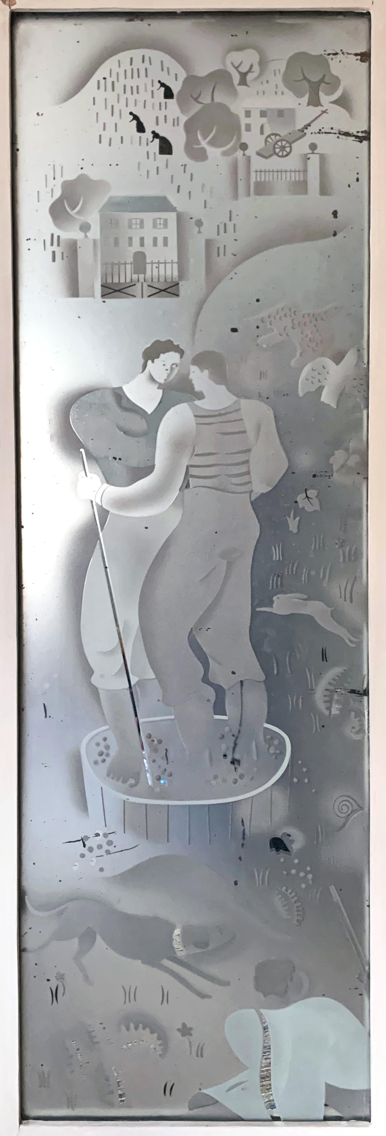 Remarkable in its size, ambition and complexity, this large Art Deco mirrored panel depicts a grape stomping scene at its center, surrounded by a farm scene full of life, executed in etched and enameled glass. In addition to the couple at its