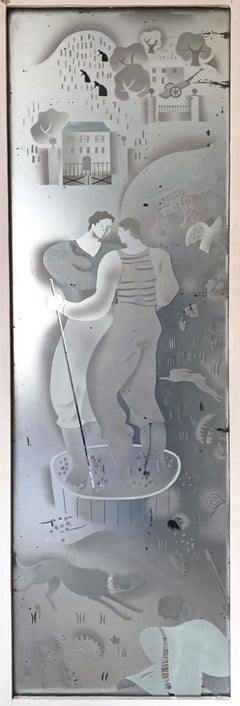 "Stomping Grapes, " Art Deco Etched/Enameled Mirrored Panel with Winemaking Scene
