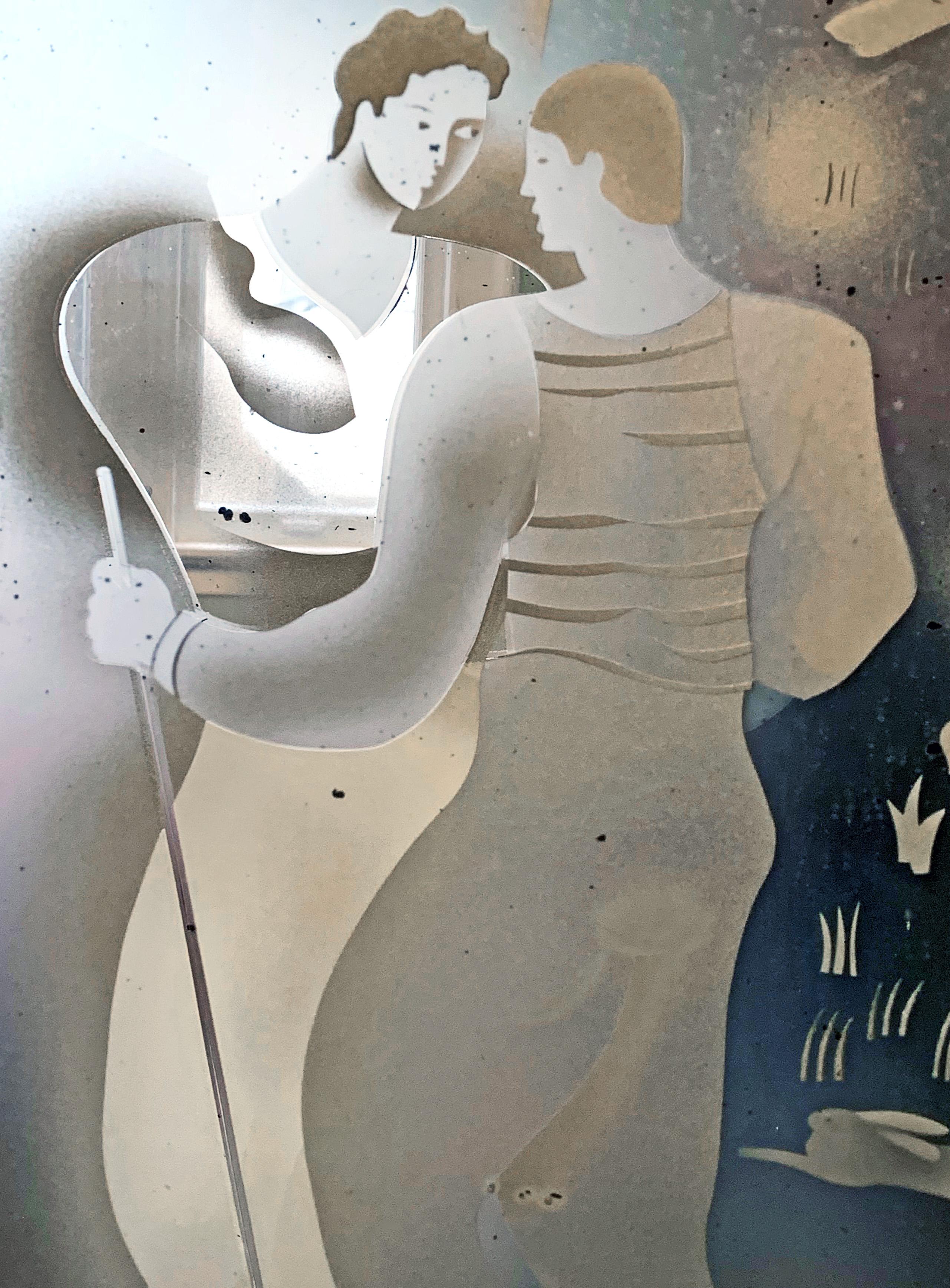 Art déco panneau en miroir Art Déco gravé et émaillé avec scène de viticulture 