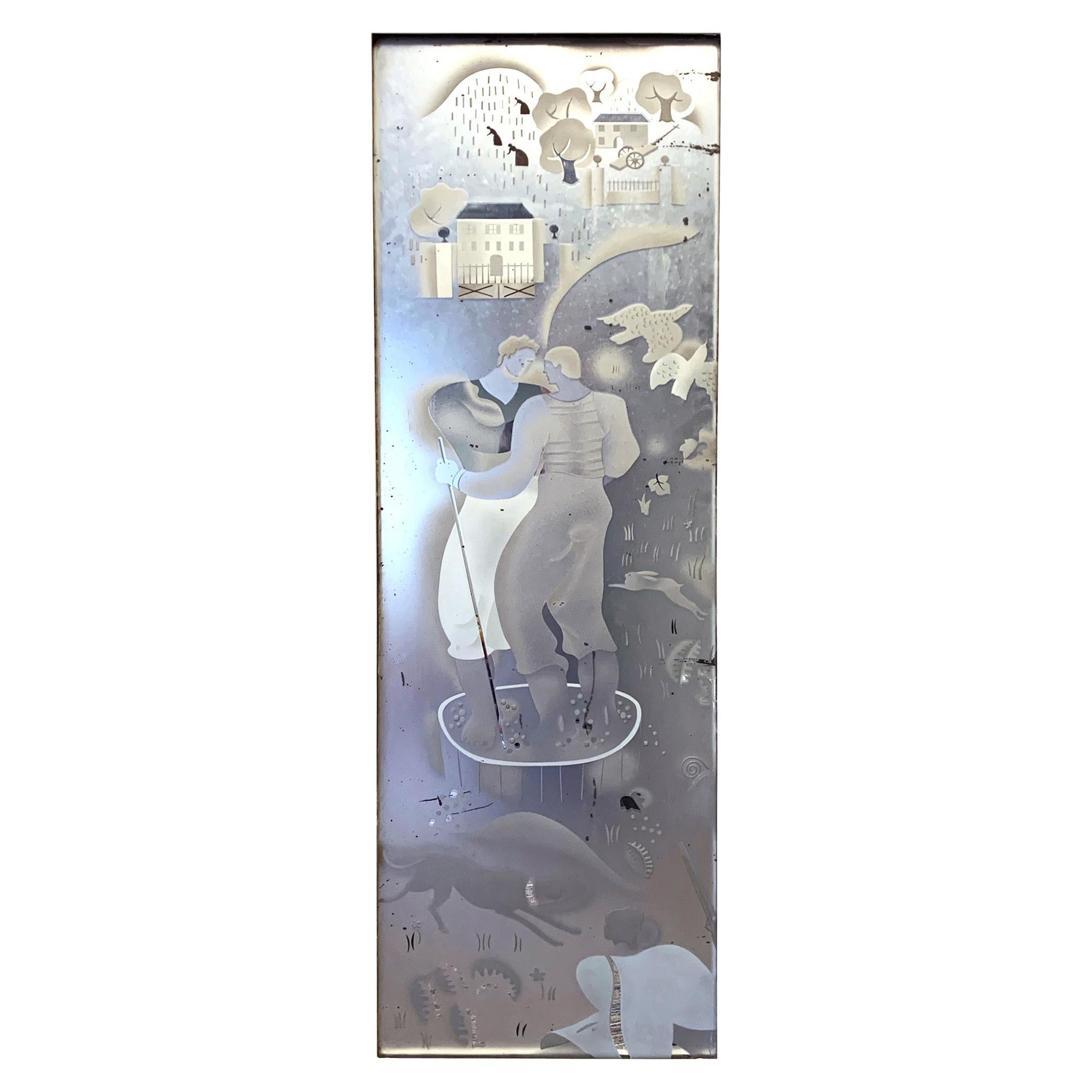 "Stomping Grapes, " Art Deco Etched/Enameled Mirrored Panel with Winemaking Scene For Sale