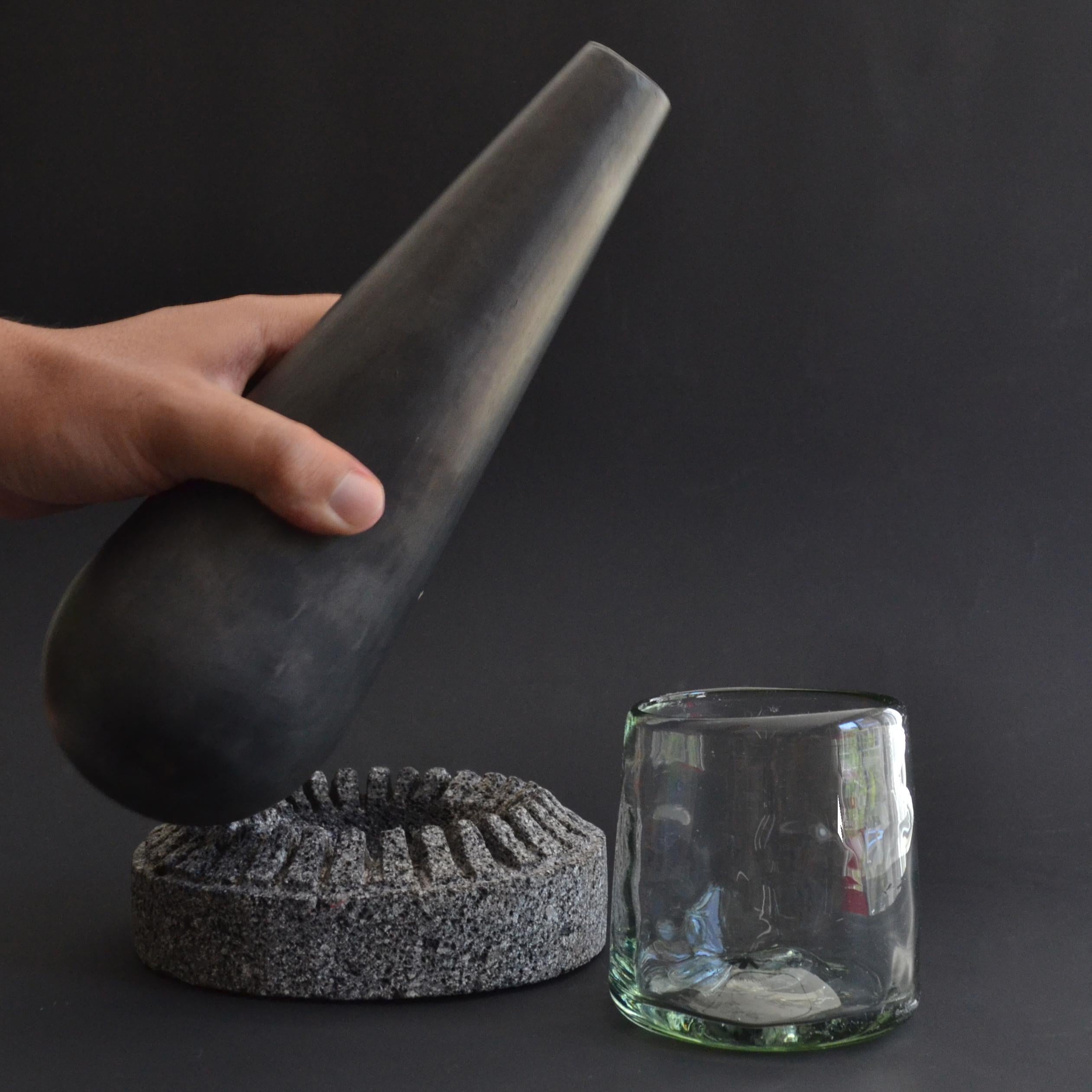 Stone and Black Clay Sculptural Bottle Handcarved Lava Stone Table Water Bottle For Sale 4