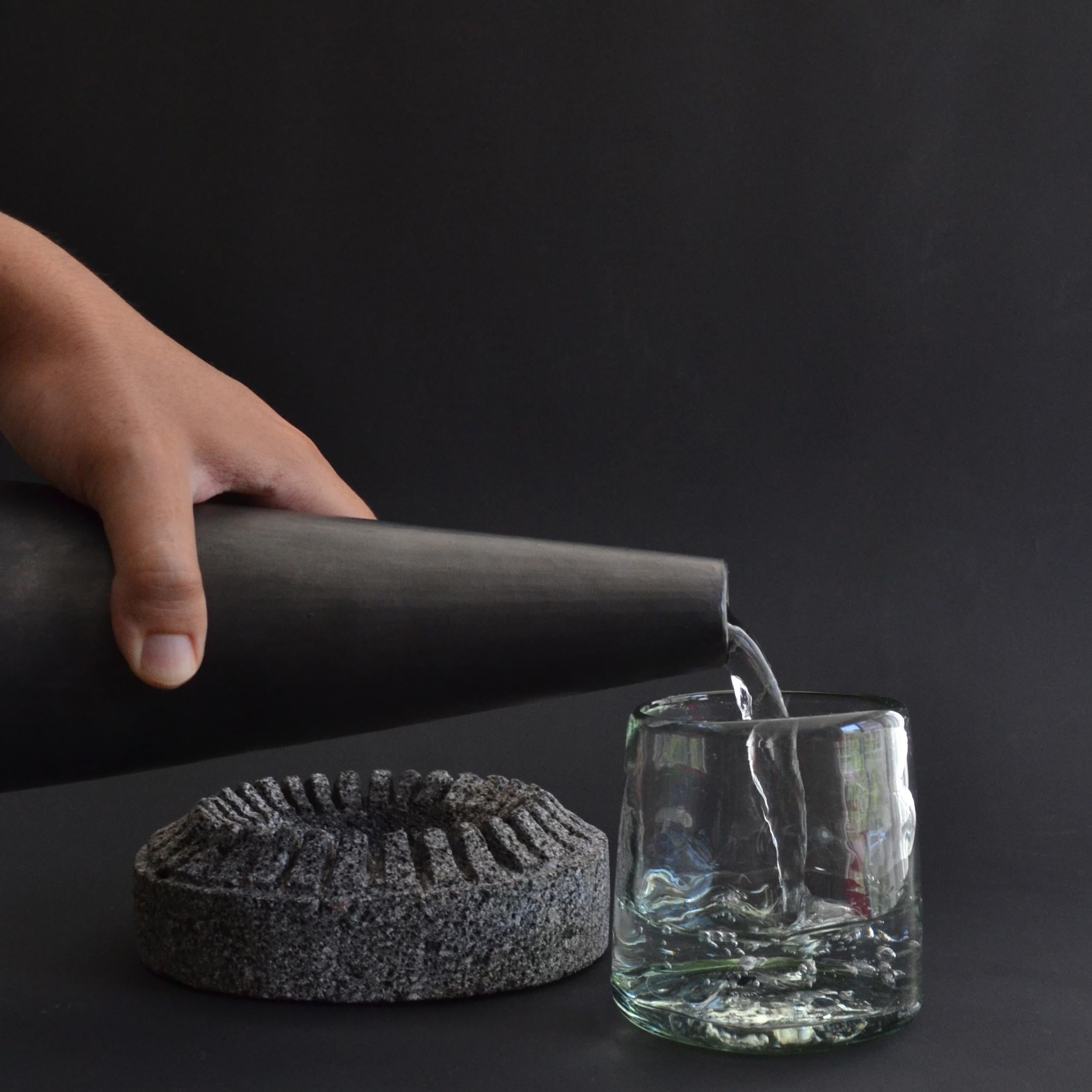 Stone and Black Clay Sculptural Bottle Handcarved Lava Stone Table Water Bottle For Sale 5