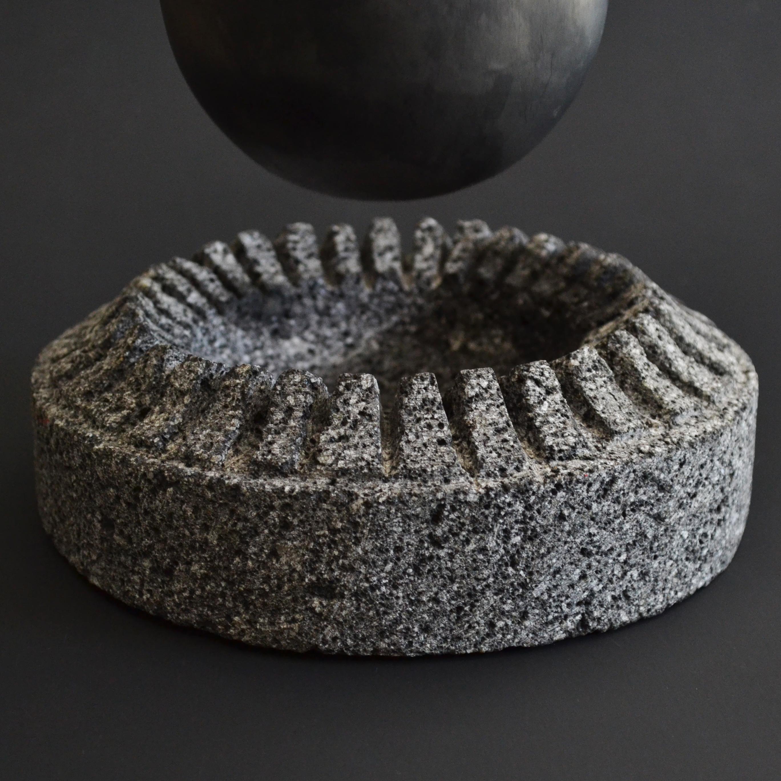 Contemporary Stone and Black Clay Sculptural Bottle Handcarved Lava Stone Table Water Bottle For Sale