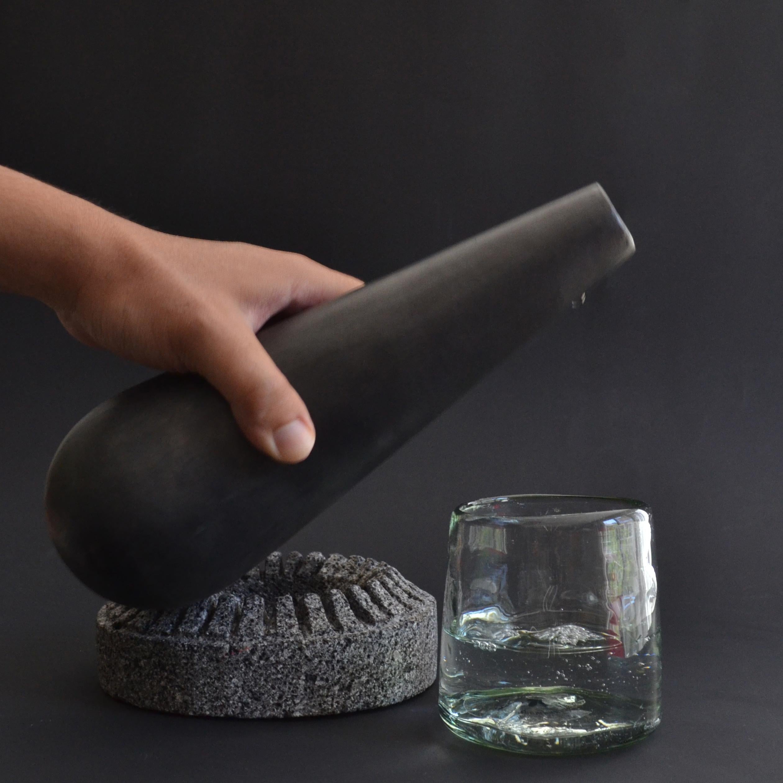 Stone and Black Clay Sculptural Bottle Handcarved Lava Stone Table Water Bottle For Sale 3