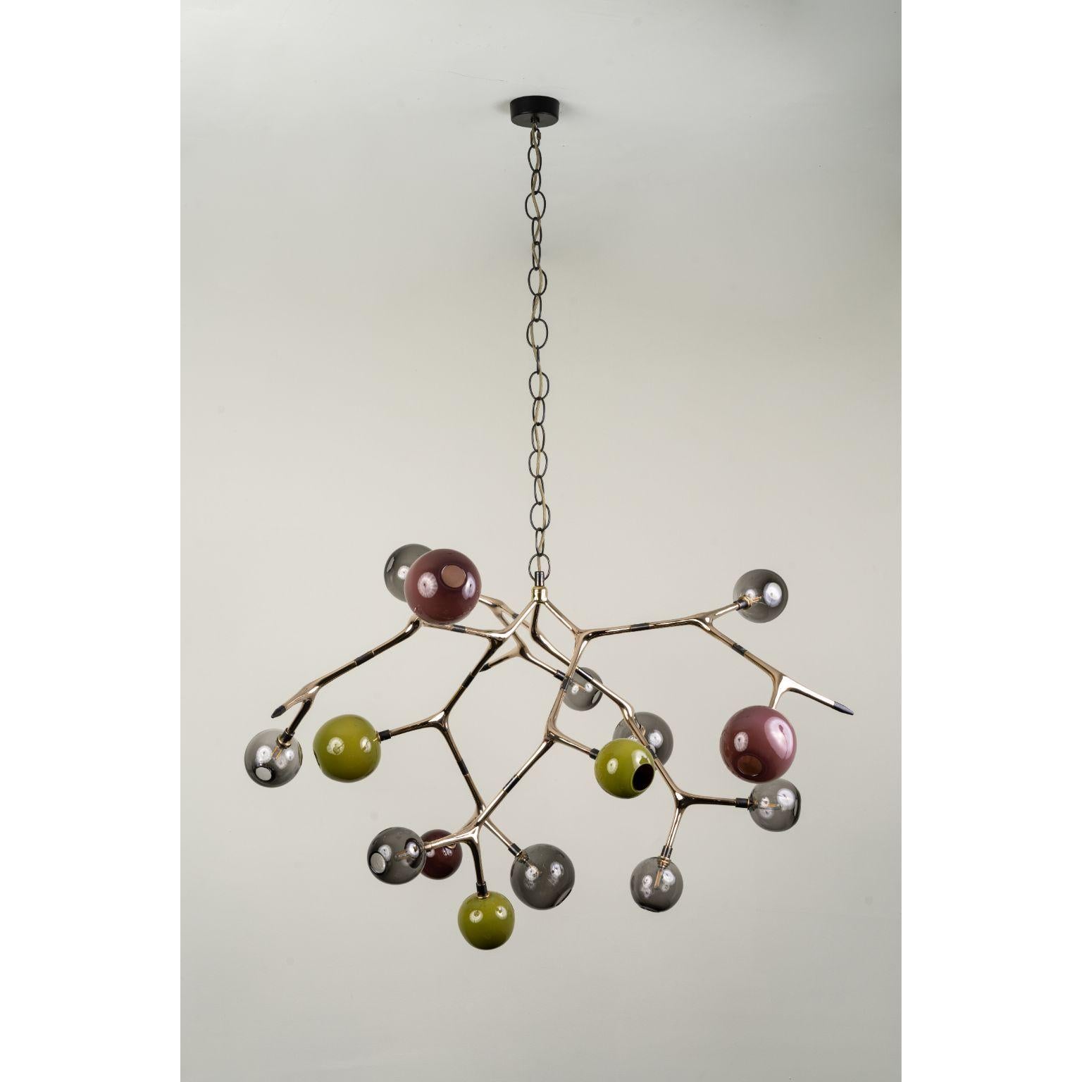 Stone and Polished Bronze Maratus 15 Pendant Lamp by Isabel Moncada
Dimensions: Ø 135 x H 160 cm.
Materials: Cast bronze, blown glass and turned brass.
Weight: 20 kg.

The image of a swarm of small lights at night is mesmerizing. Maratus 15 is a