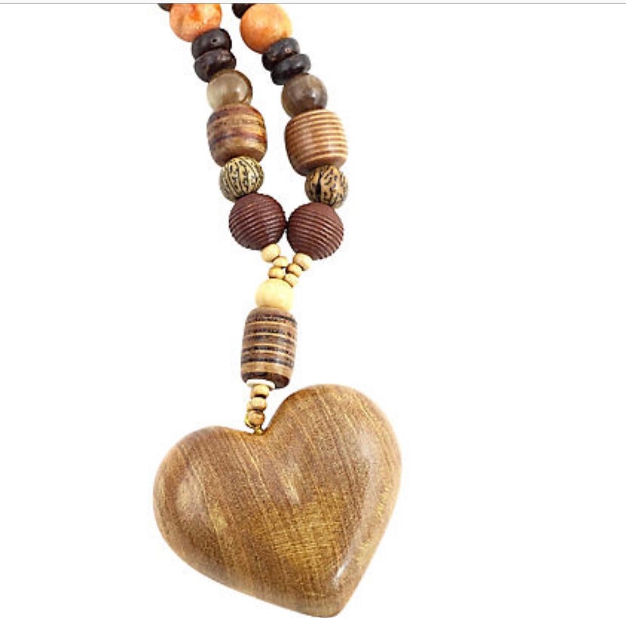 Stone and Wood Heart Bead Necklace by Fabrice Paris In Good Condition For Sale In Miami Beach, FL