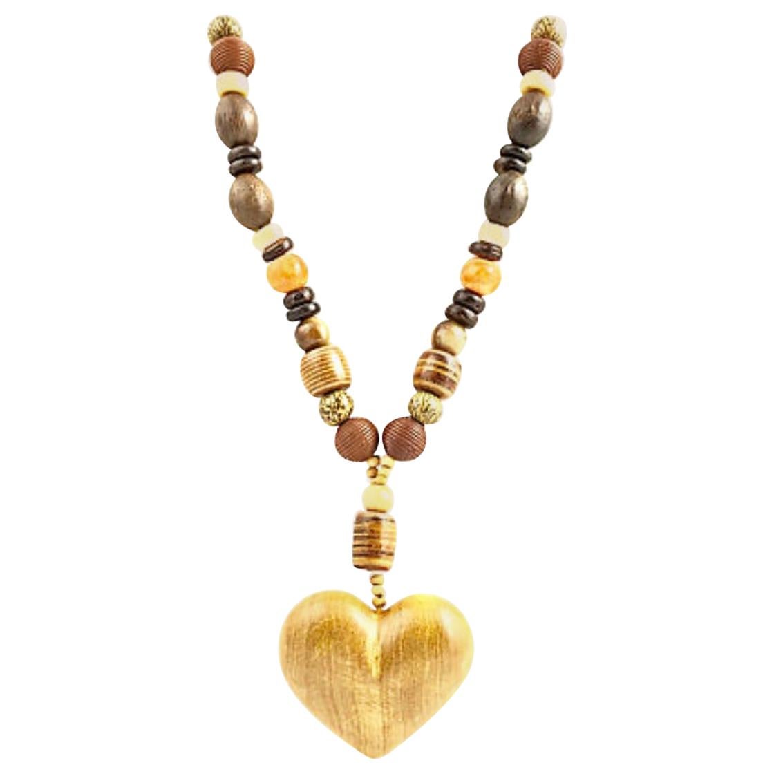Stone and Wood Heart Bead Necklace by Fabrice Paris For Sale
