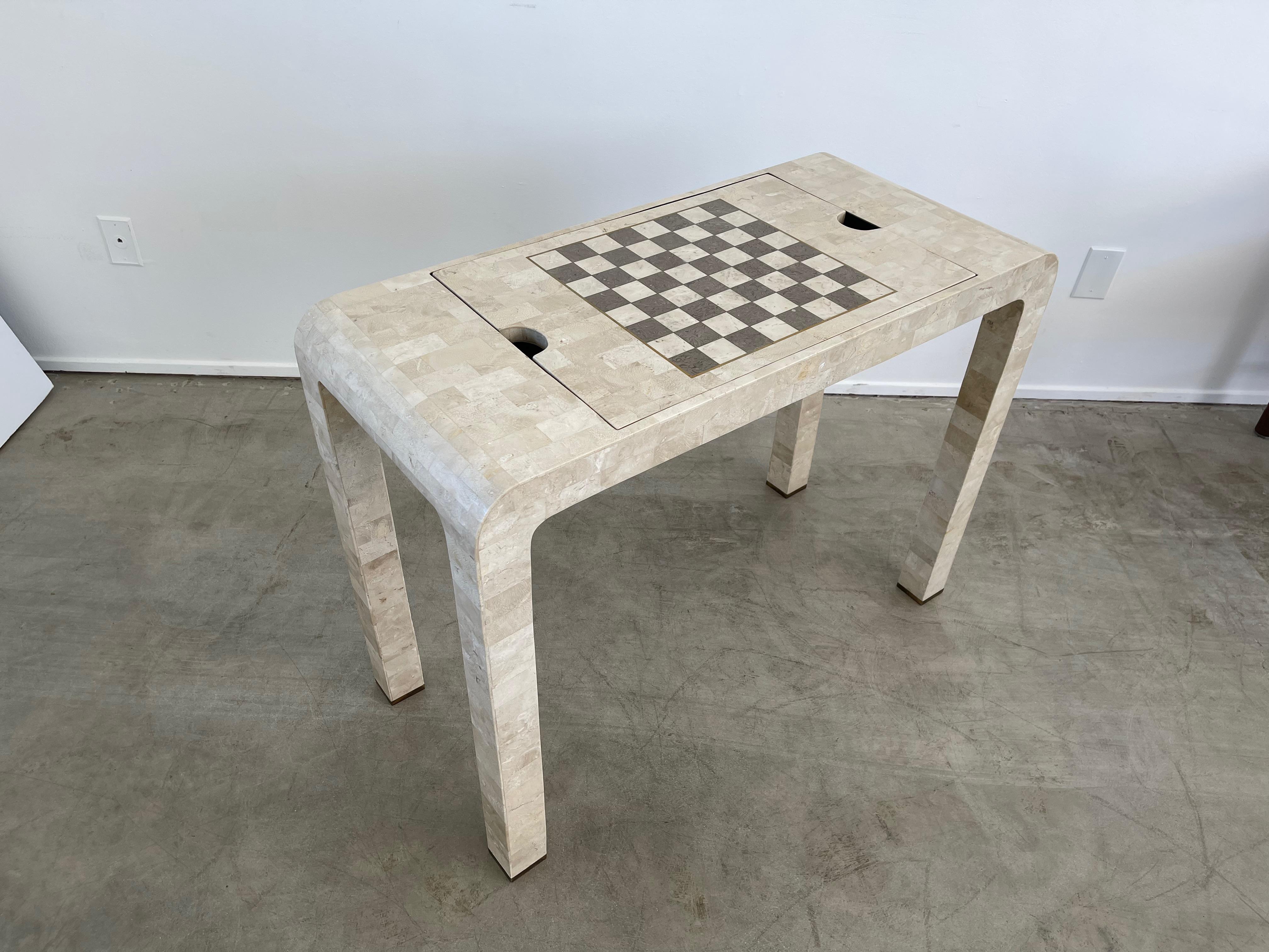 Tessellated stone console game table with reversible backgammon/ Chess board 

Dimensions: H: 29.5 inches: W: 40 inches: D: 18 inches.
