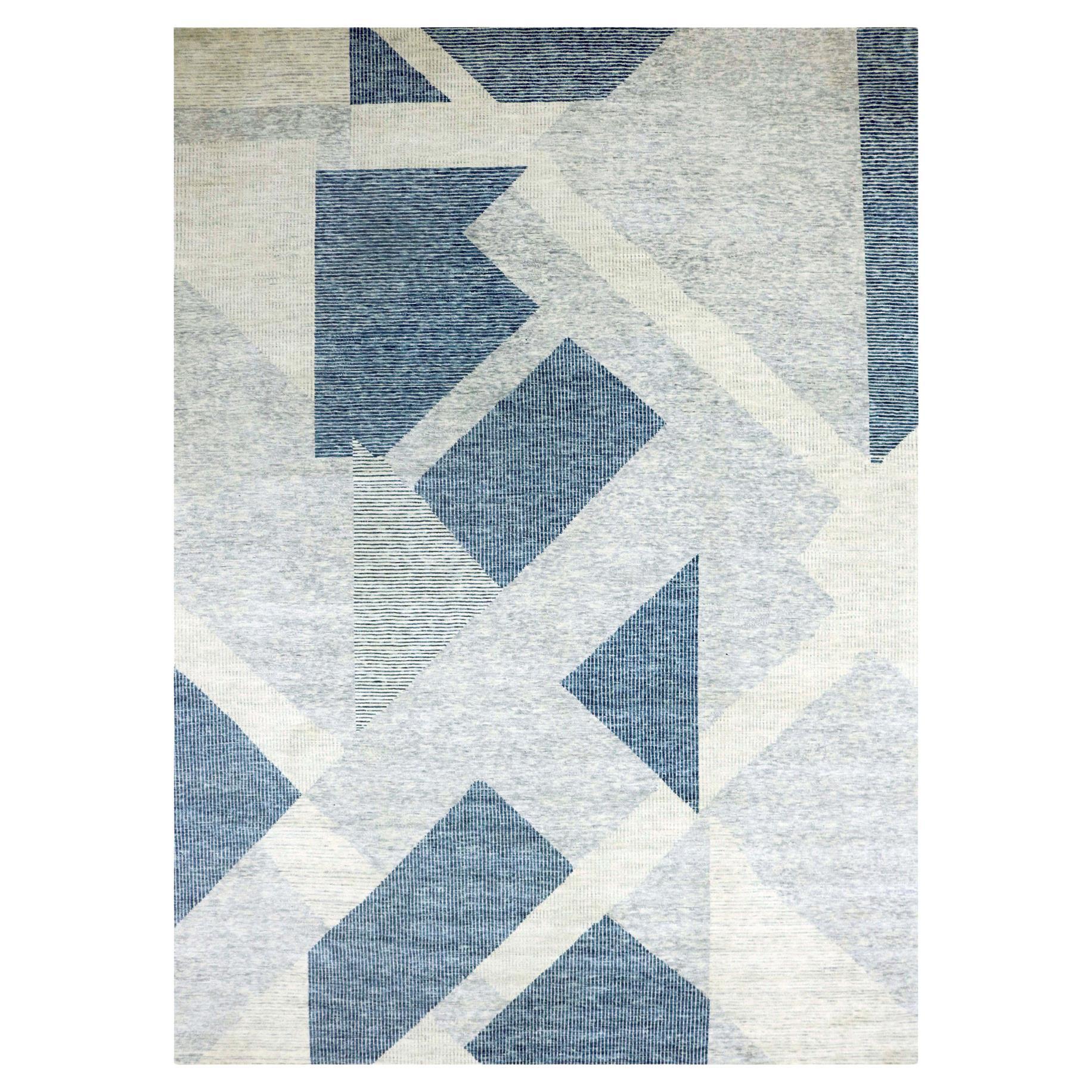 Stone Blue Art Deco Collection Tapis surdimensionné entièrement en laine noué à la main 12'1" x 18'4"