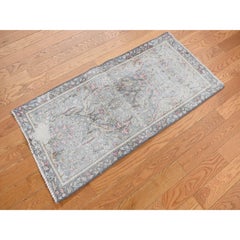 Stone Blue Vintage Persian Kerman Hand Knotted Pure Wool Worn Down Rugs 1'9 "x3'7"