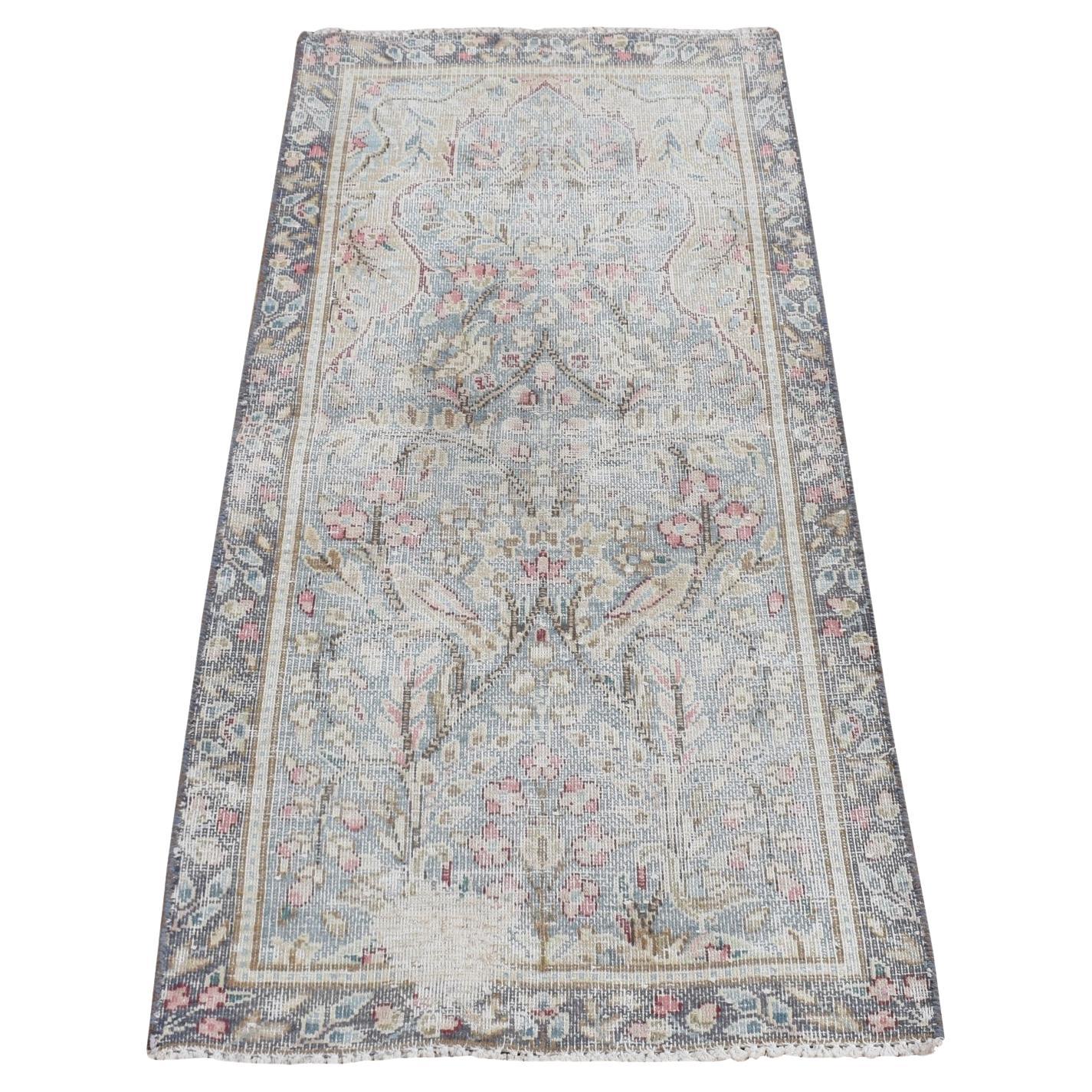 Stone Blue Vintage Persian Kerman Hand Knotted Pure Wool Worn Down Rug 1'9"x3'7" For Sale