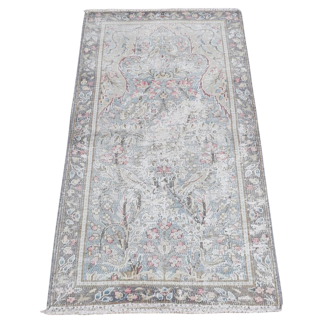 Stone Blue Worn Down Vintage Persian Kerman Hand Knotted All Wool Rug 1'10"x3'7" For Sale
