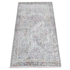 Tapis persan Kerman vintage bleu pierre porté à la main, noué à la main, 1'10"x3'7"