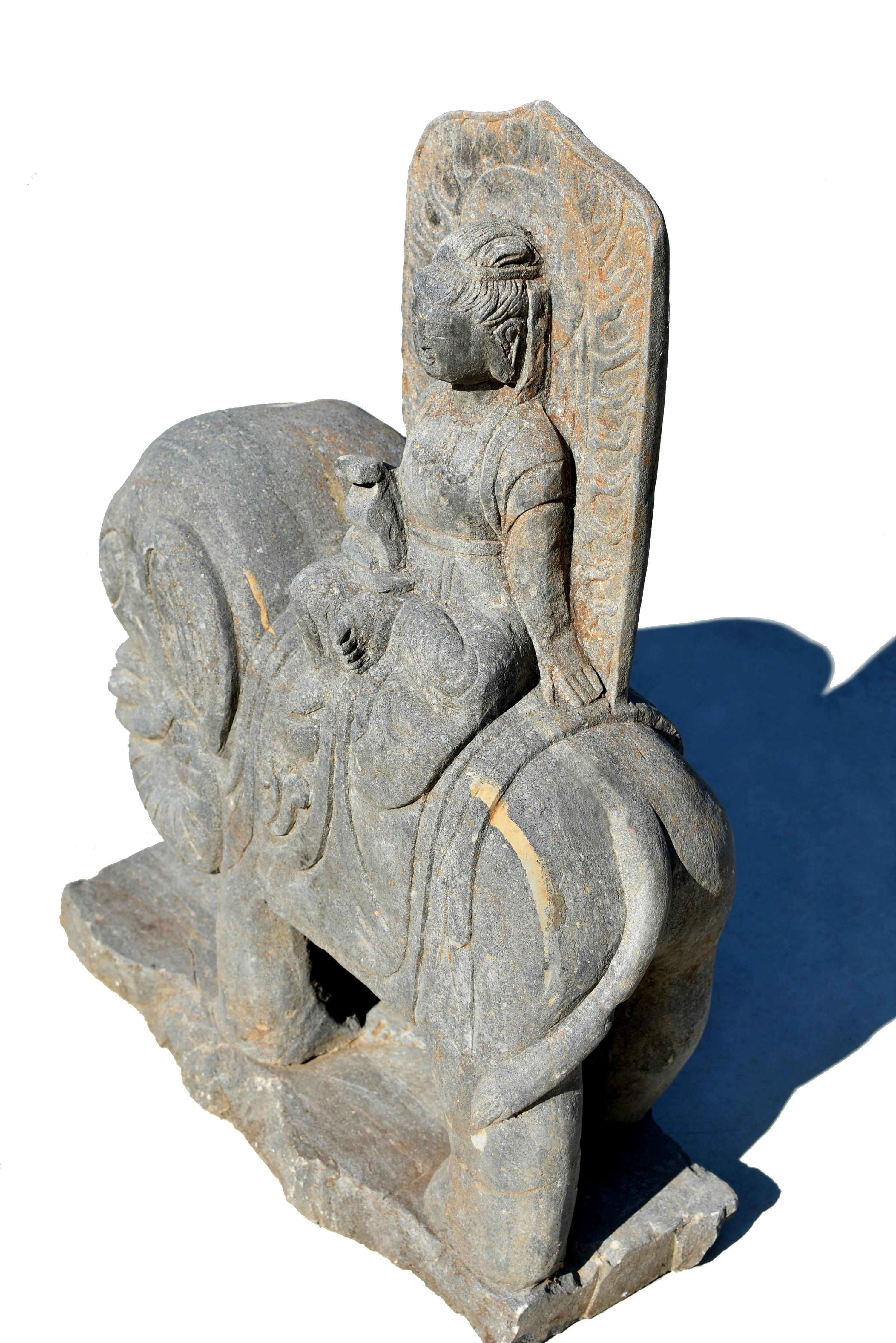 Stone Buddha Universal Virtue Samantabhadra Pu Xian on Elephant  For Sale 9