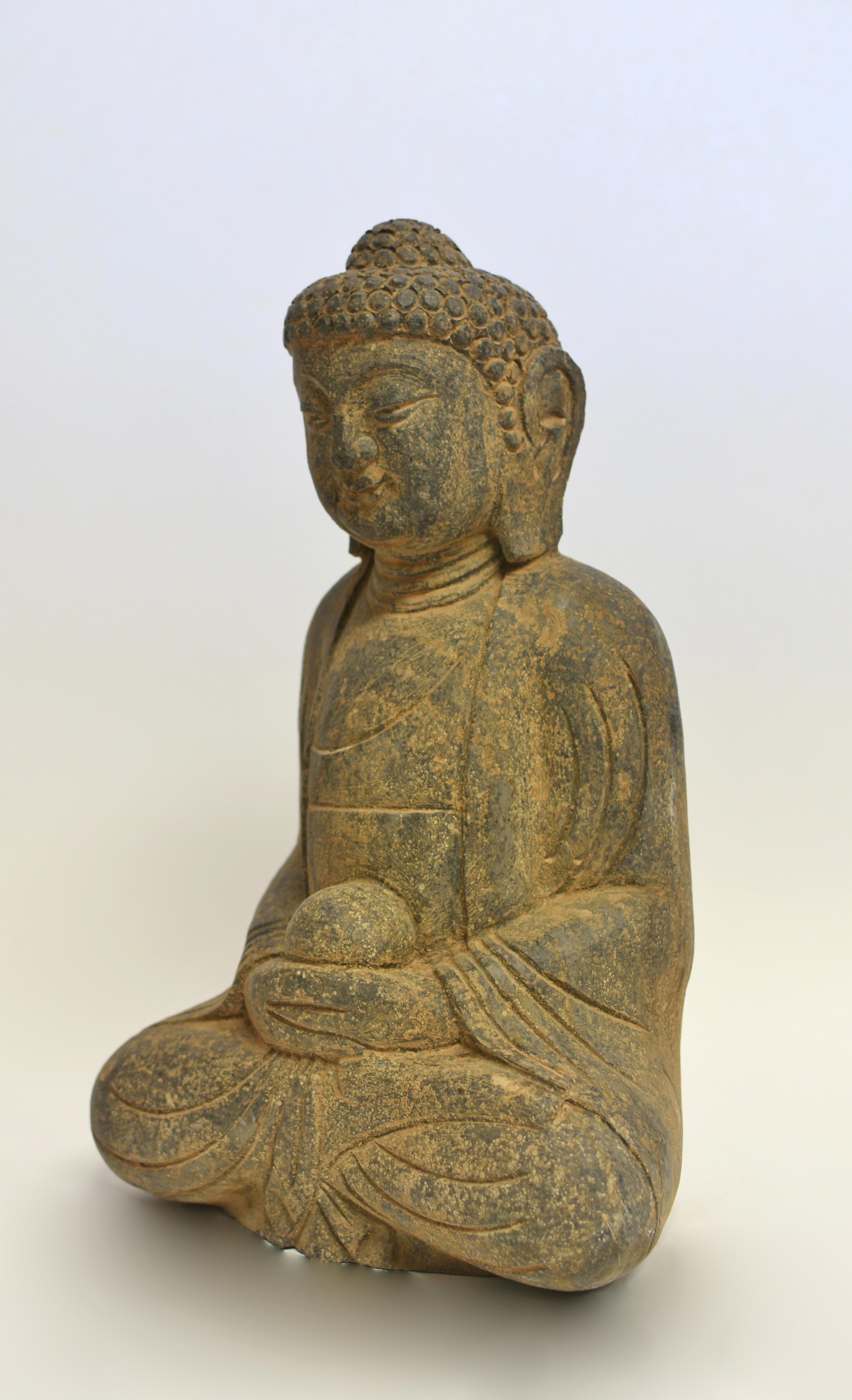 Hand-Carved Stone Buddha with Smiling Countenance 37 lb For Sale