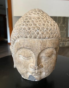 Stone Carved Asian Buddhist Temple Sculpture Statue Head of Buddha, 19th Century