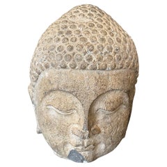 Antique Stone Carved Asian Buddhist Temple Sculpture Statue Head of Buddha, 19th Century