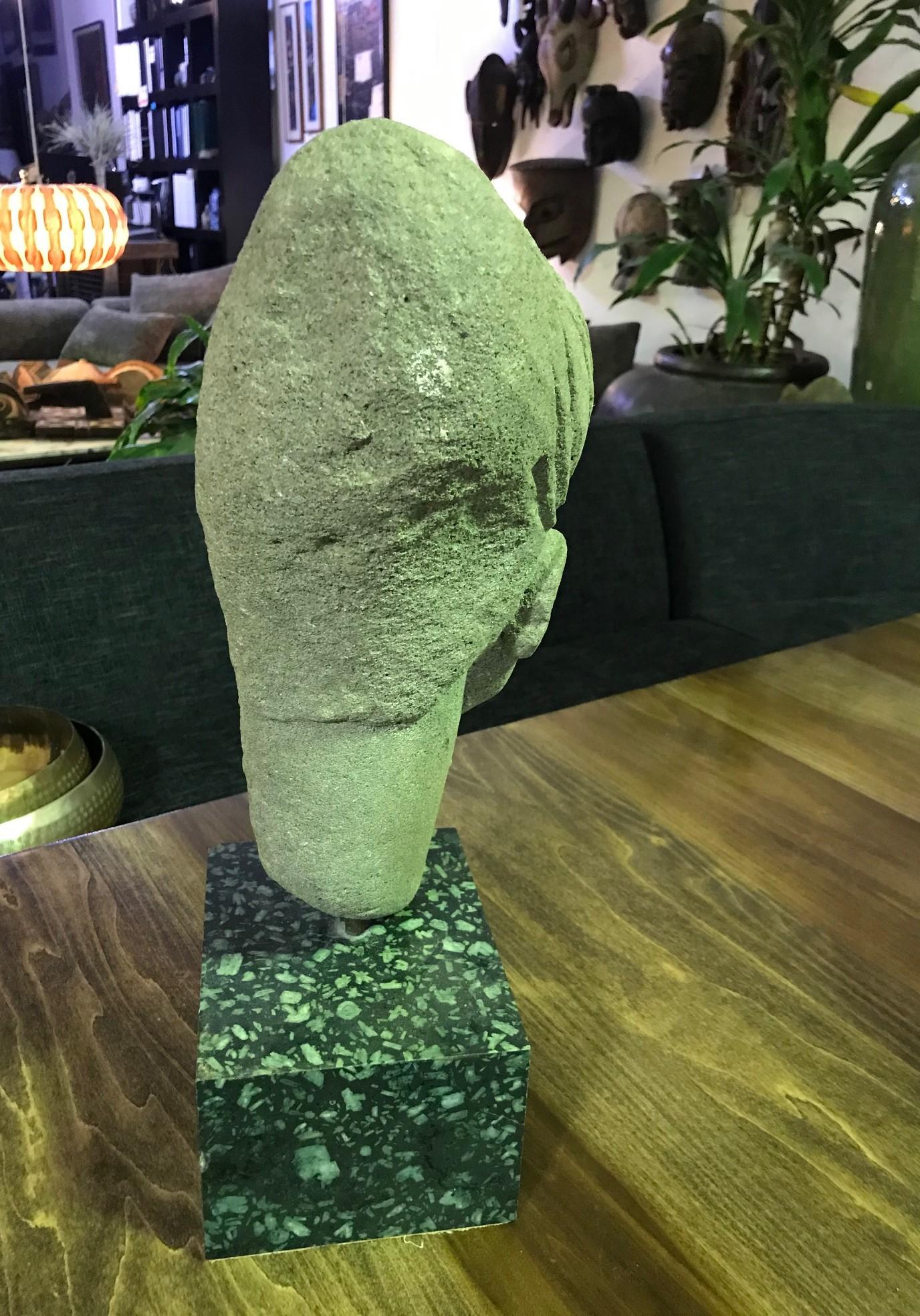 Modern Stone Carved Heavy Abstract Head Sculpture on Base in the Style of Modigiliani