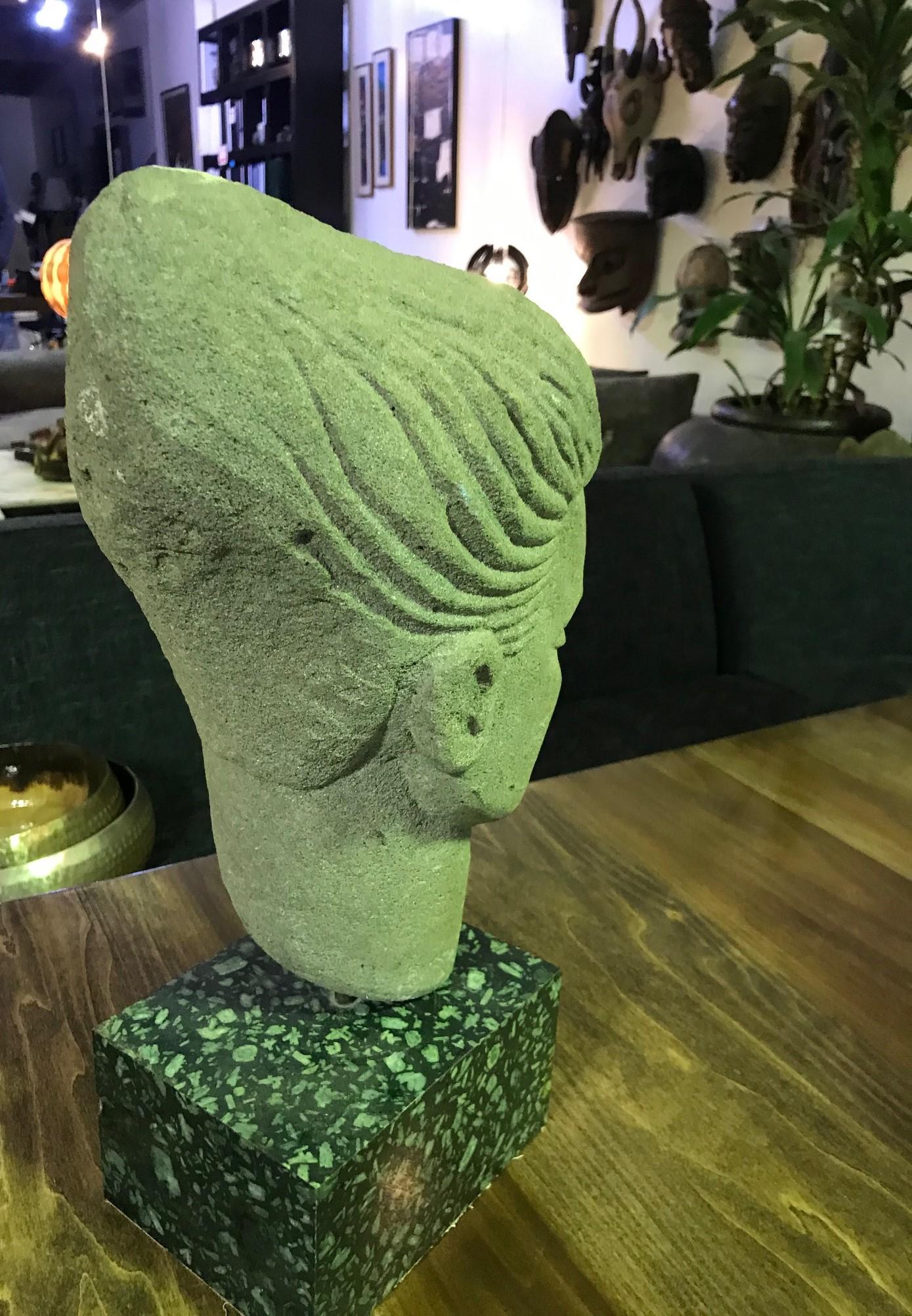 Hand-Carved Stone Carved Heavy Abstract Head Sculpture on Base in the Style of Modigiliani