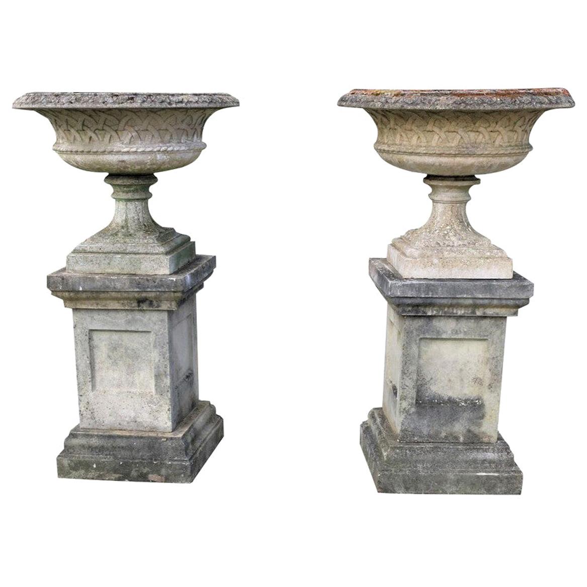 Stone Celtic Weave Pair of Garden Urns On Plinths, England, 1930s For