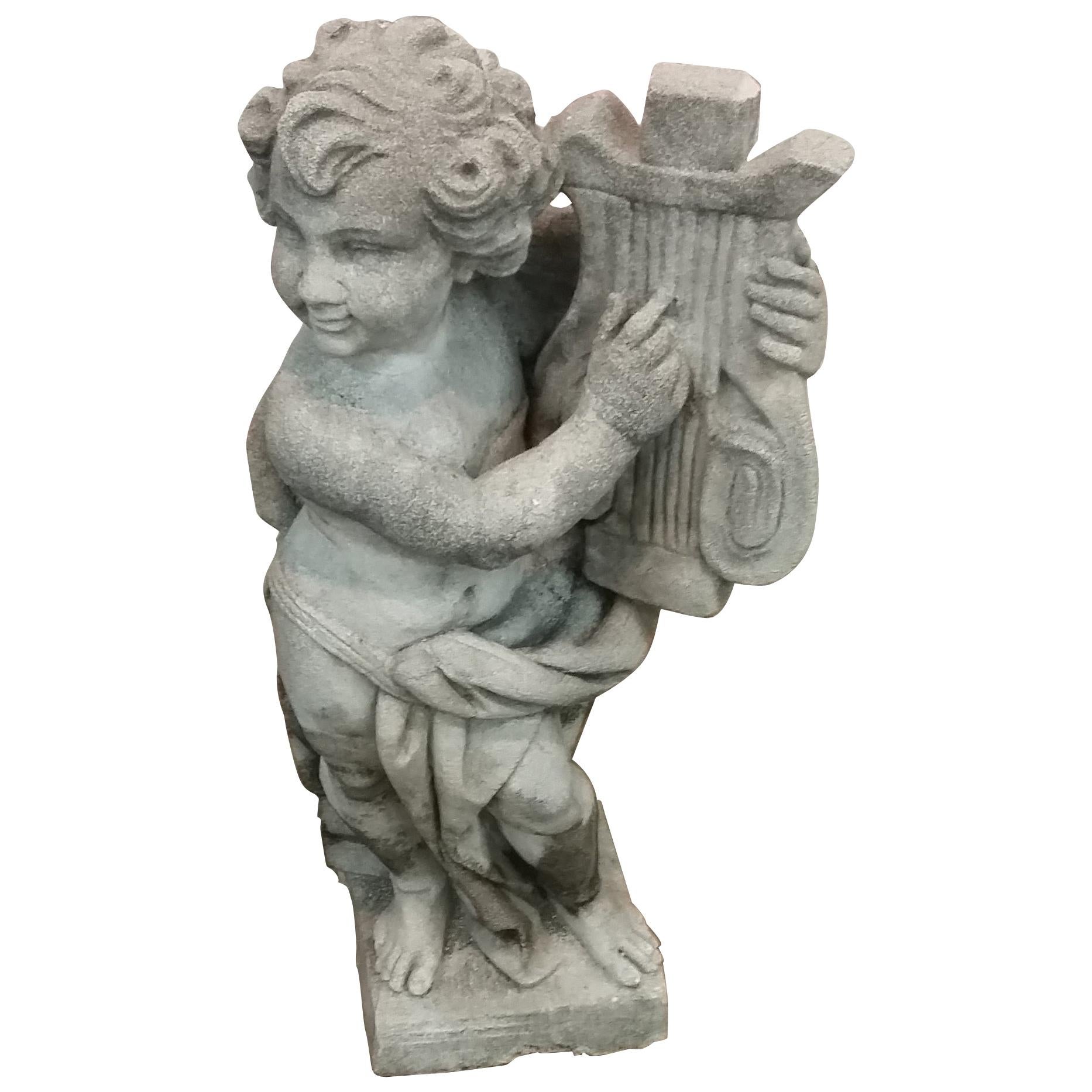29"H Cherub With Harp Decorative Garden Statue Stone 