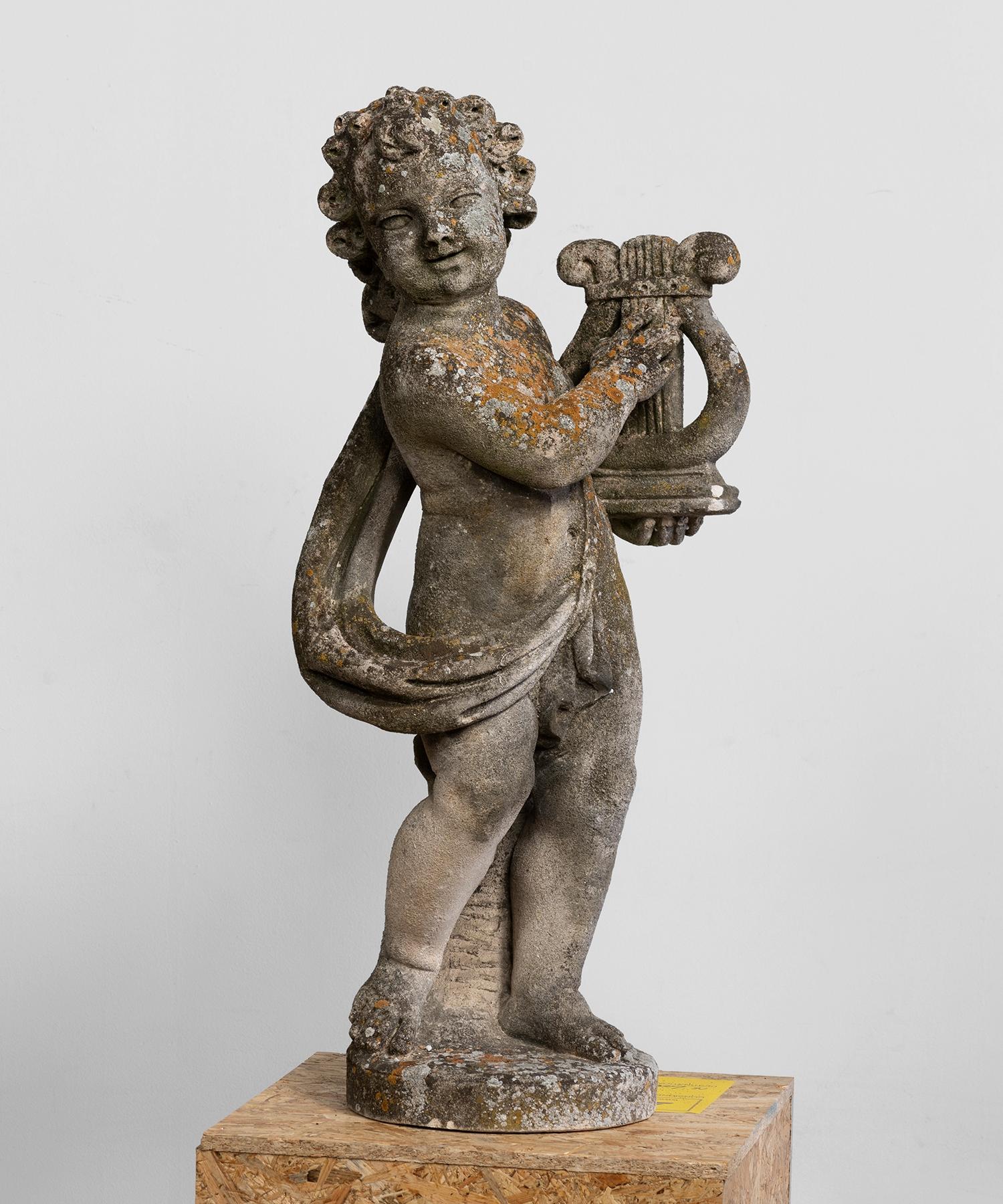 Italian Stone Cherub with Harp