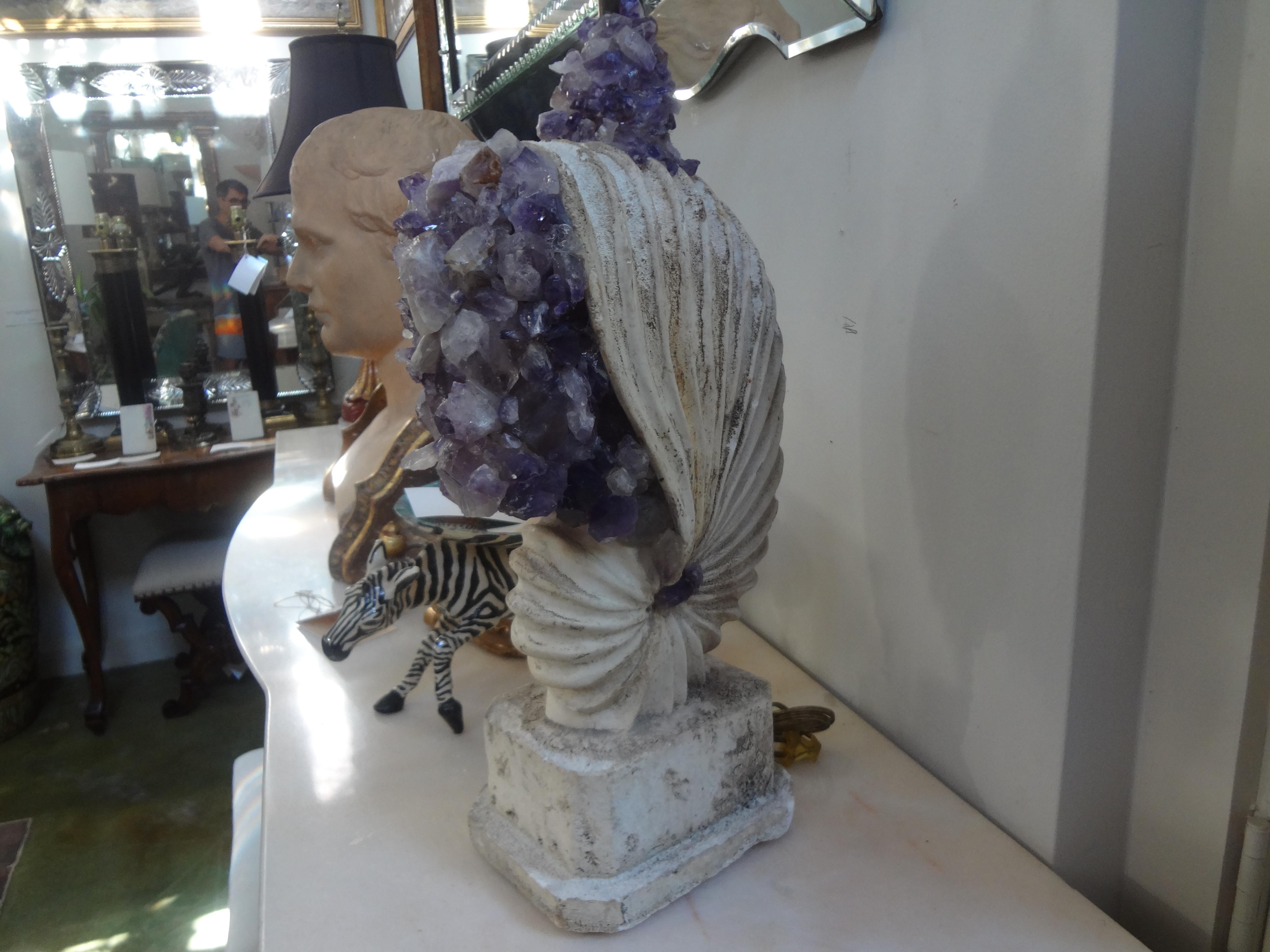 Late 20th Century Stone Nautilus Shell Lamp Encrusted with Amethyst Rock Crystals For Sale