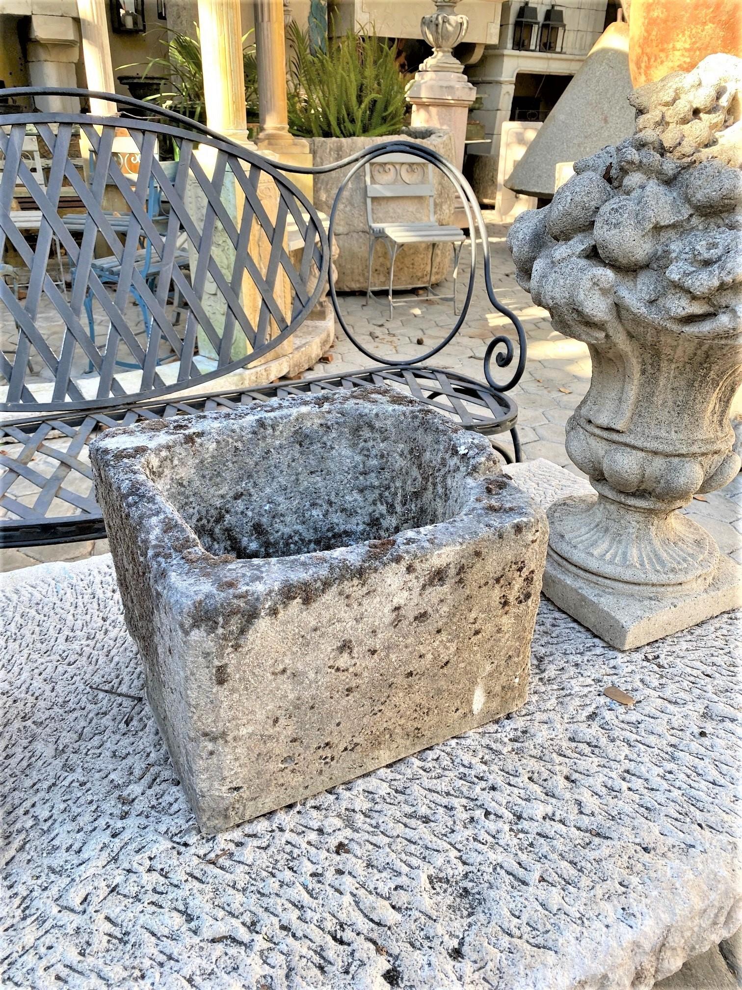 18th 19th Century small water fountain basin of hand carved stone container. Color and patina keeps changing with the light and the seasons. This trough sink could be installed with a simple bronze metal spout or a carved stone fountain head, we