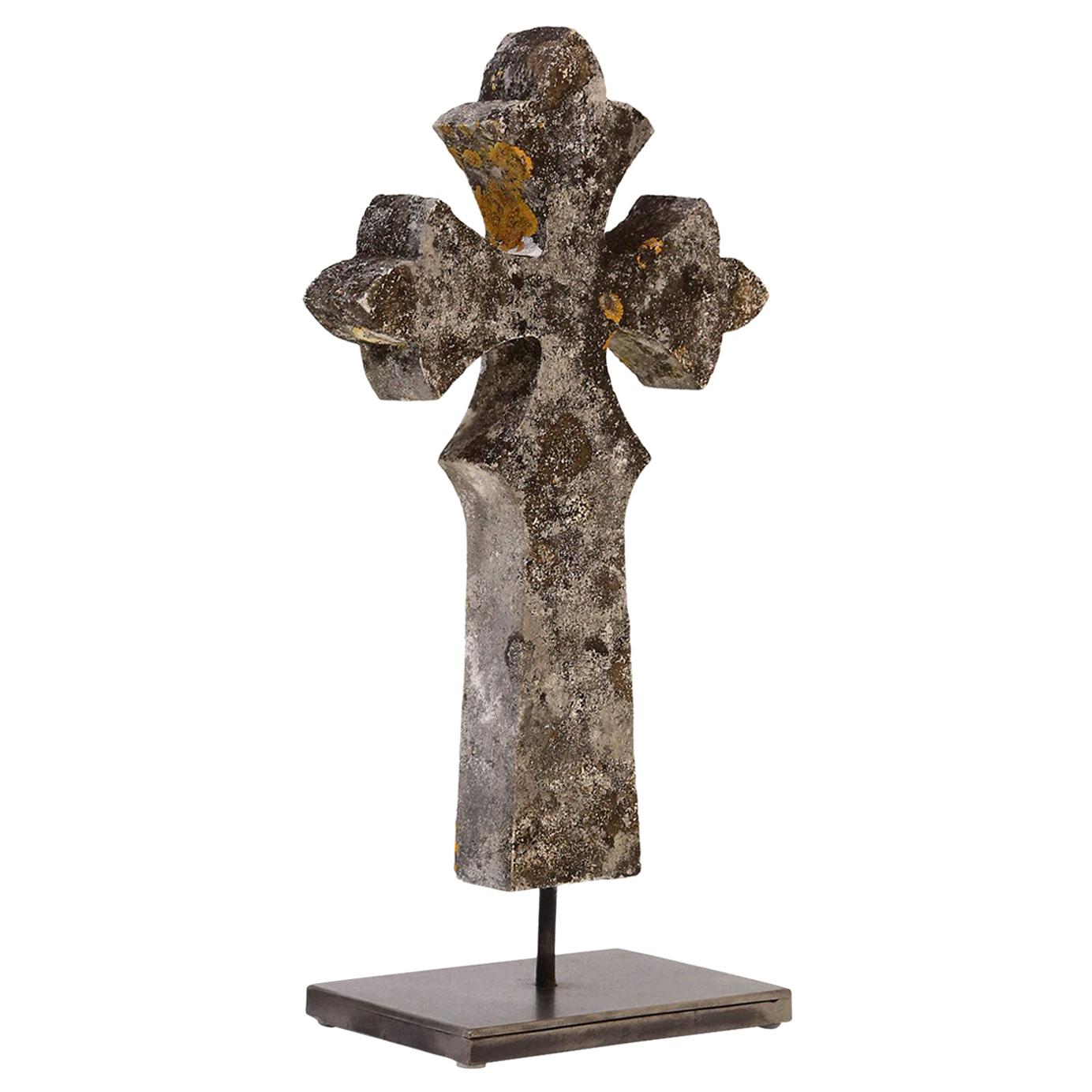 Stone Cross Mounted on Steel Stand