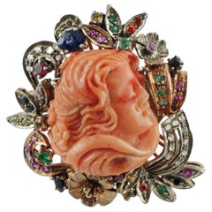 Stone, Diamonds, Rubies, Emerald, Sapphires, 9 Karat Gold and Silver Retro Ring Stone, Diamonds, Rubies, Emerald, Sapphires, 9 Karat Gold and Silver Retro Ring