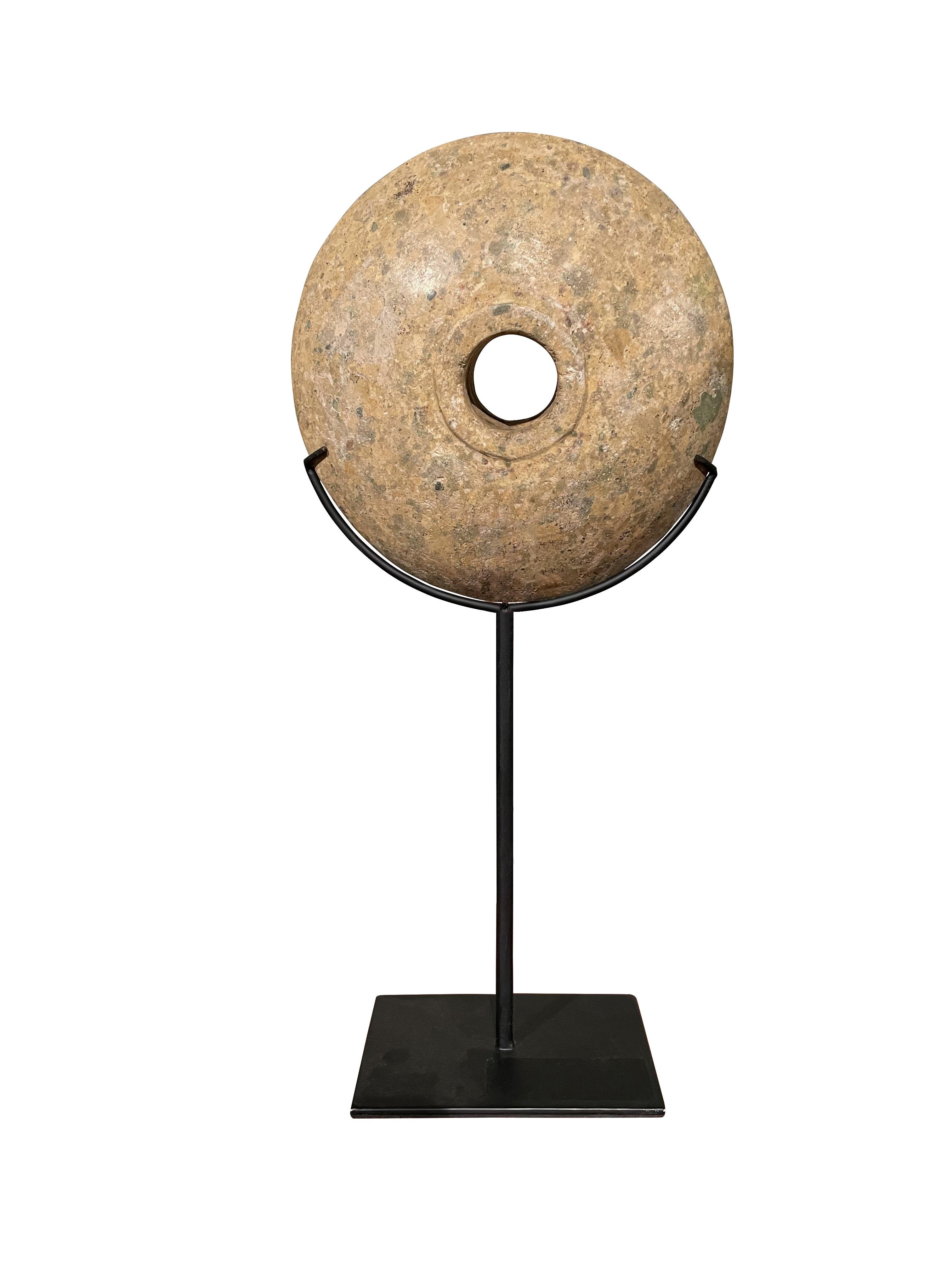 Contemporary Chinese set of two stone discs on metal stands.
Honed and smooth finish.
One stone measures 6