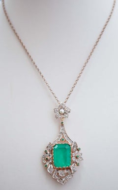 Stone, Emeralds, Diamonds, Pearl, Rose Gold and Silver Pendant.