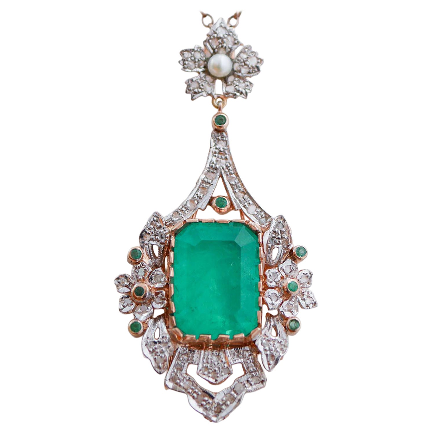 Stone, Emeralds, Diamonds, Pearl, Rose Gold and Silver Pendant.