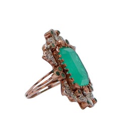 Stone, Emeralds, Diamonds, Rose Gold and Silver Ring.