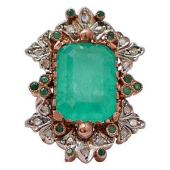 Stone, Emeralds, Diamonds, Rose Gold and Silver Ring.