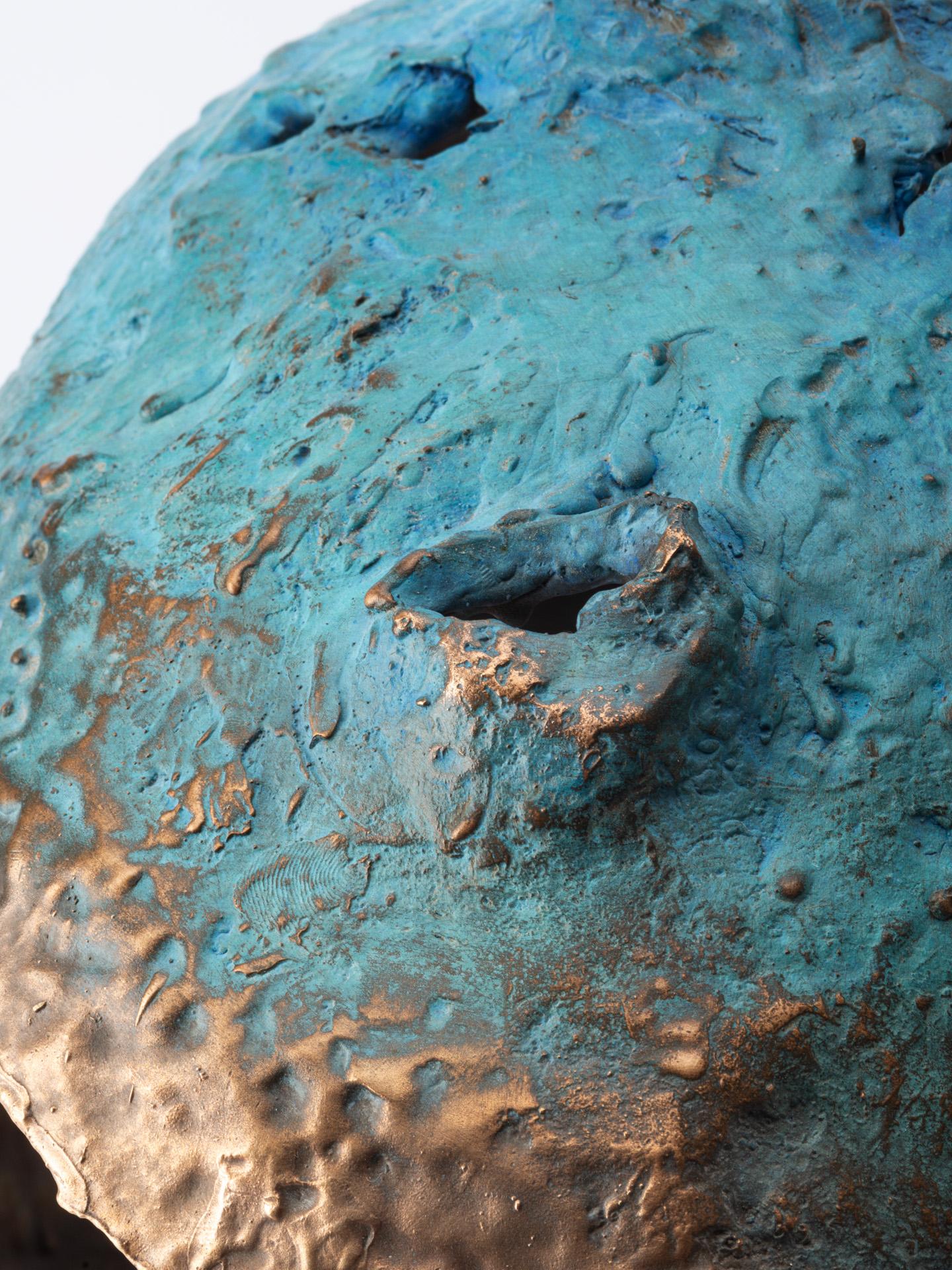 Stone fish, contemporary sculpure in cast bronze, blue patina For Sale 1