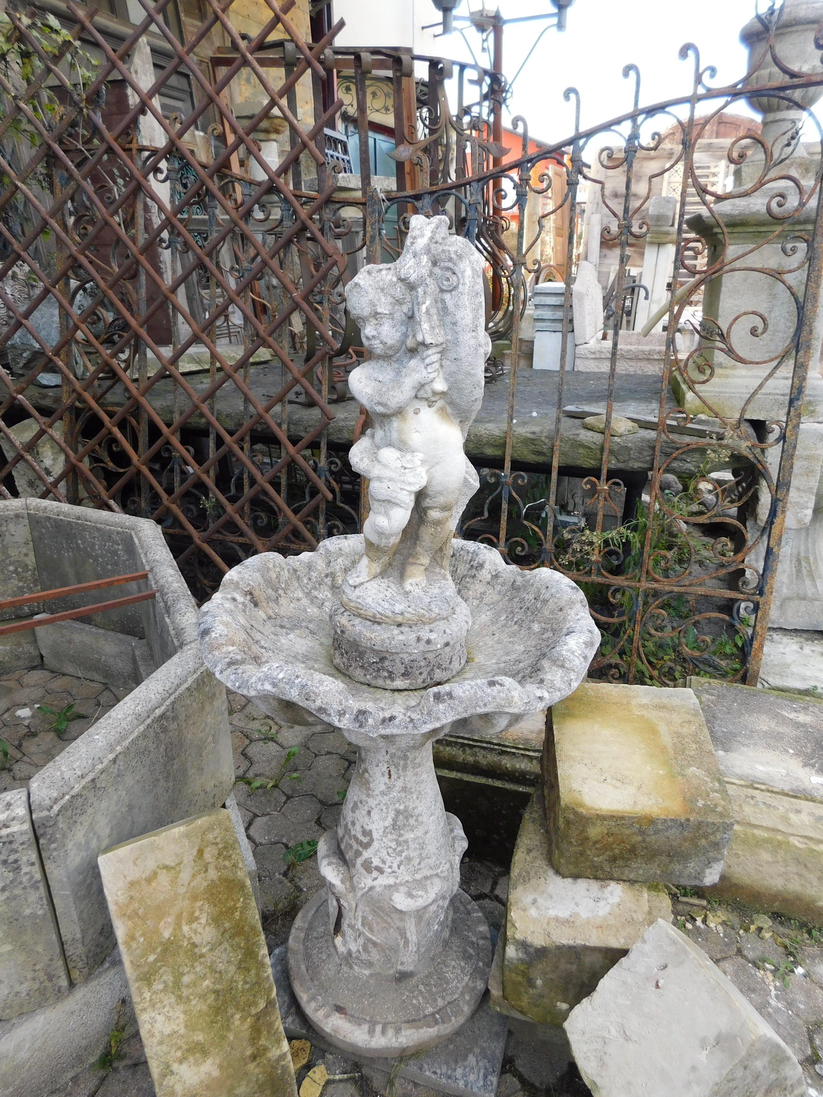 Italian stone garden fountain with carved putto, Italy For Sale