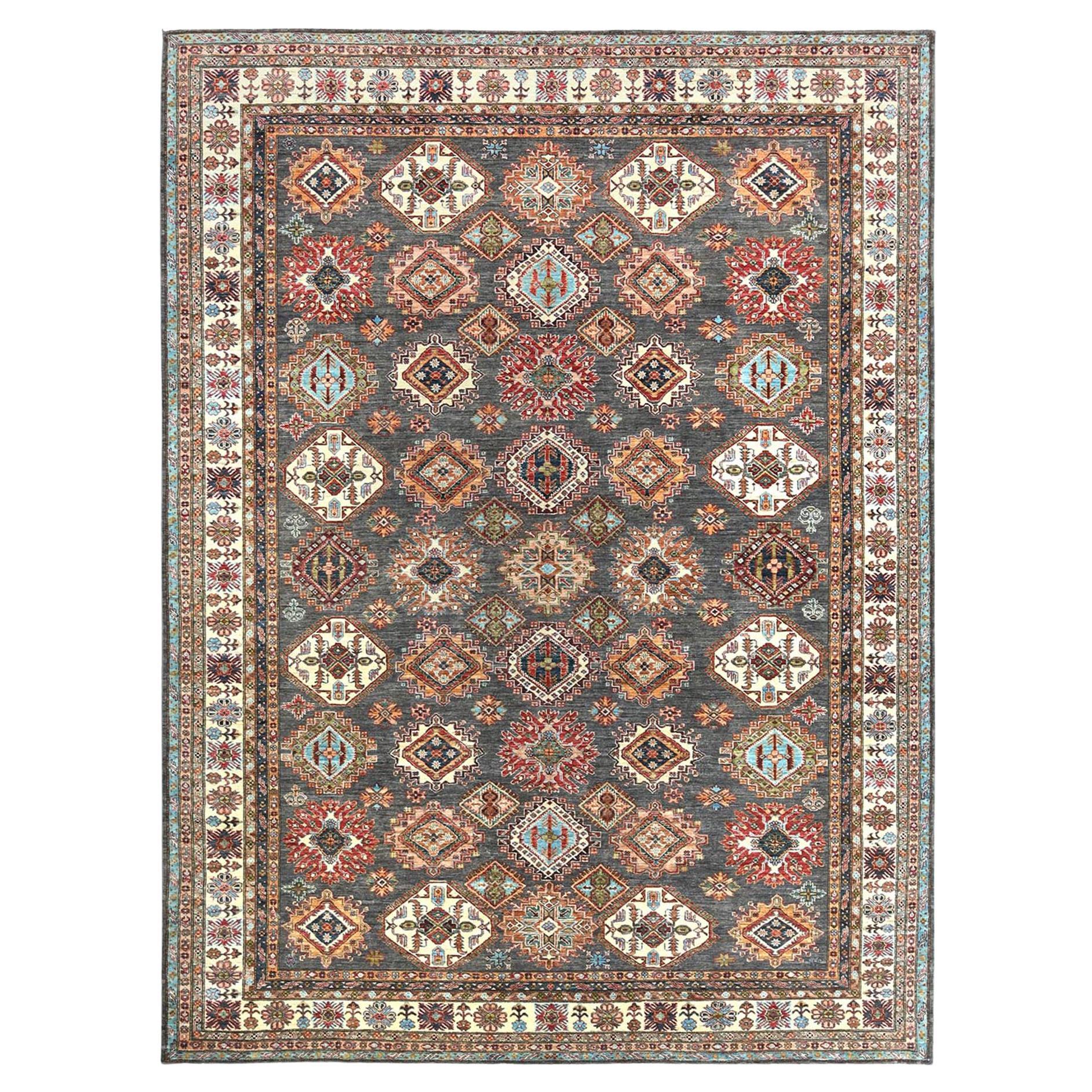 Stone Gray Extra Soft Wool Hand Knotted Afghan Super Kazak Rug 10'3" x 13'10"