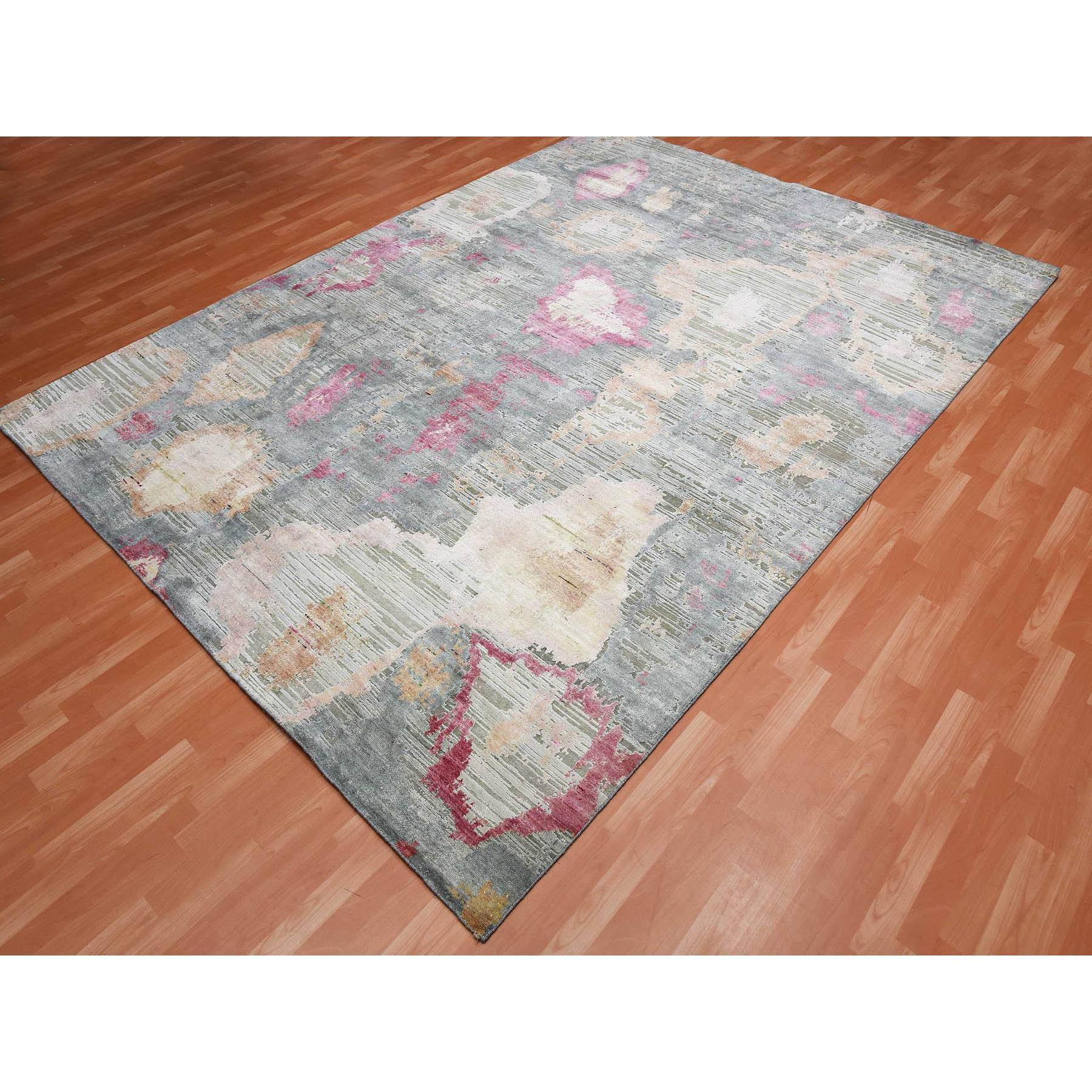 Handgeknüpfter Teppich aus reiner Seide und Wolle in Steingrau mit eklektischem Design 9'0