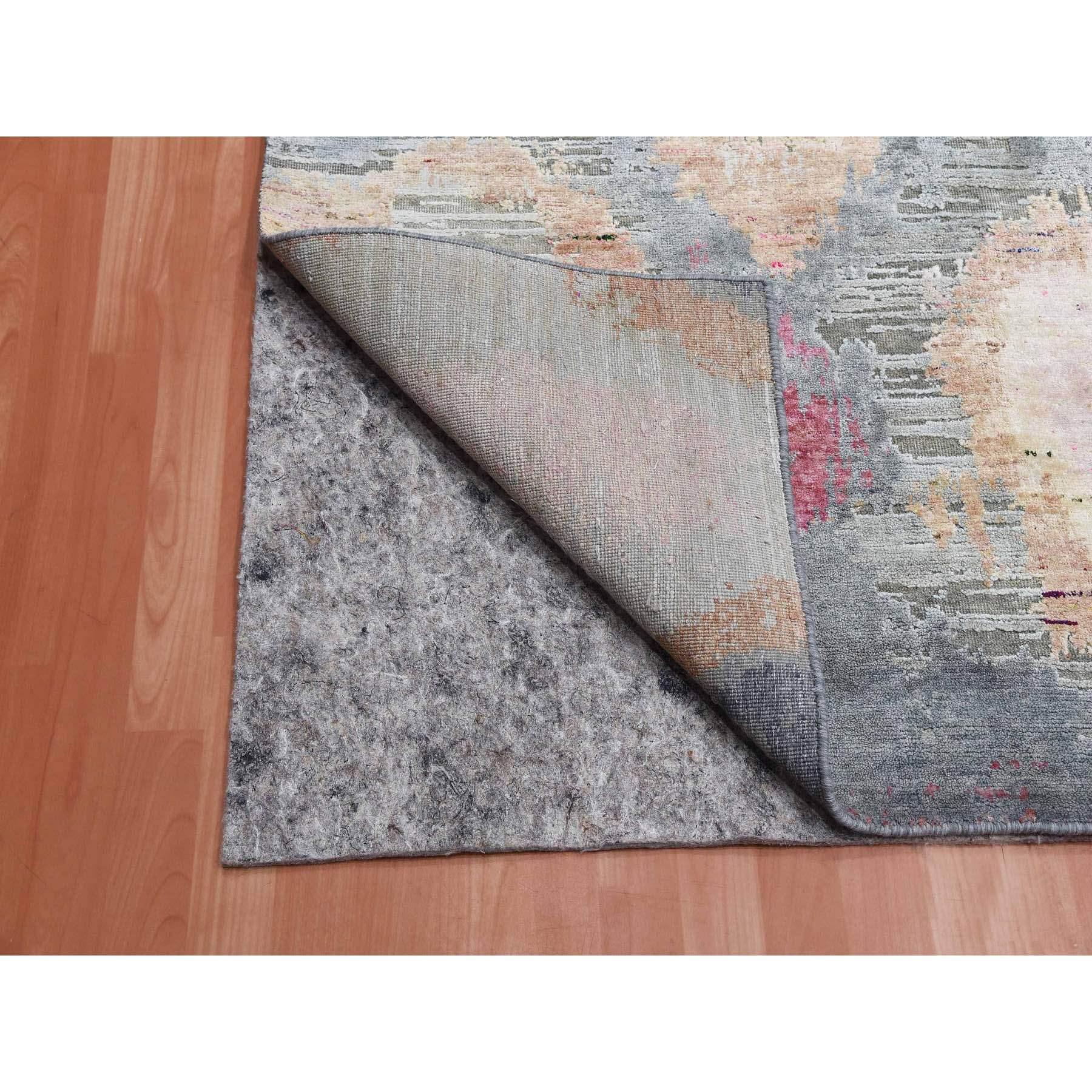 Handgeknüpfter Teppich aus reiner Seide und Wolle in Steingrau mit eklektischem Design 9'0