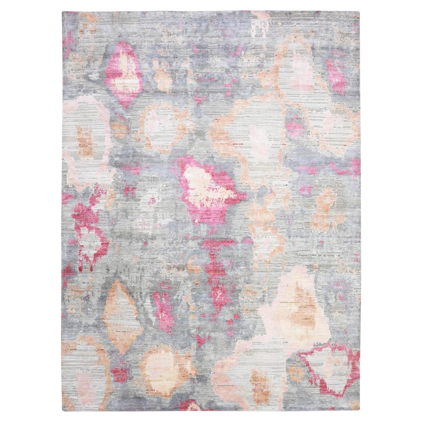 Stone Gray Pure Silk and Wool Hand Knotted Eclectic Design Rug 9'0" x 12'1"